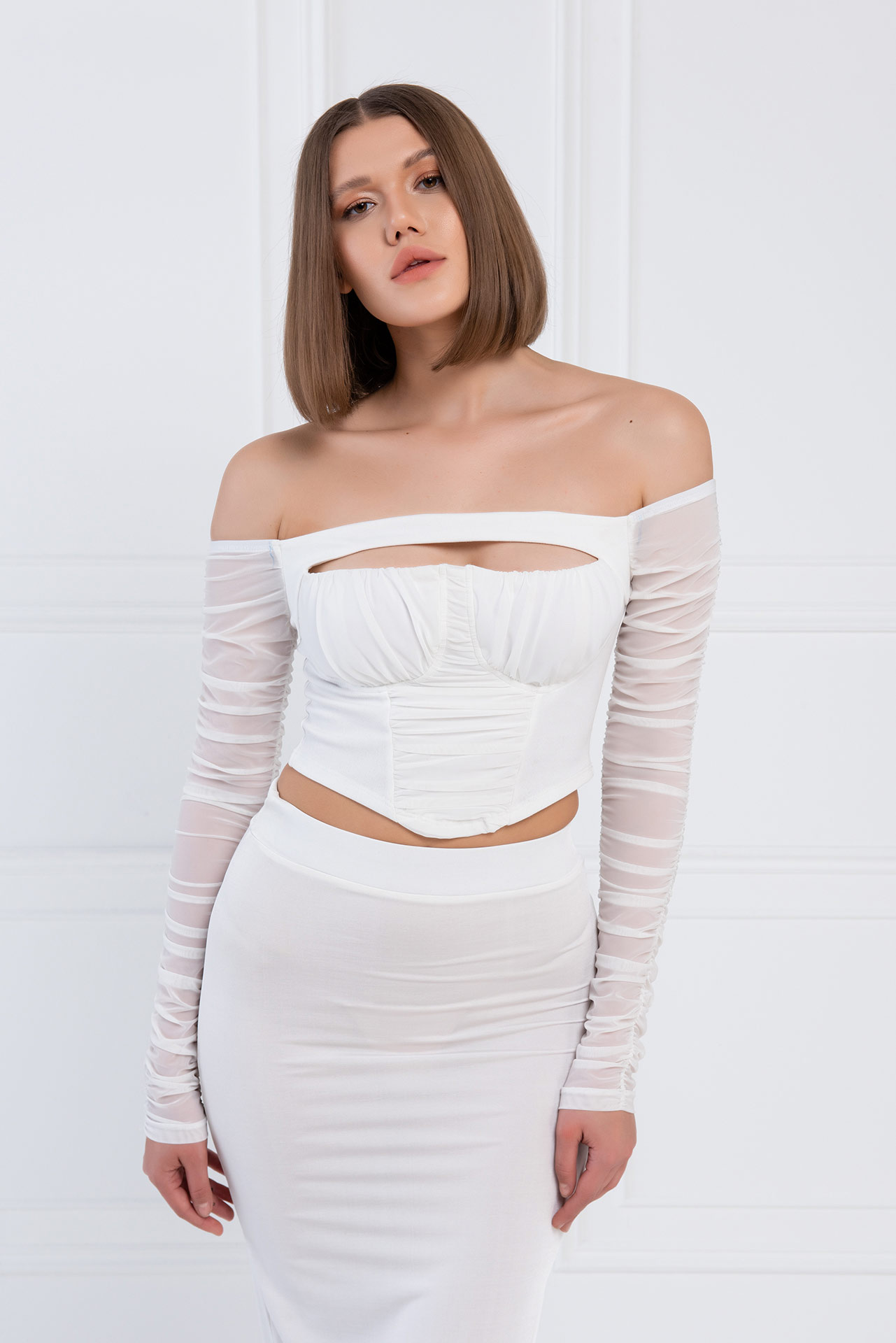 Wholesale Offwhite Shirred Tube Mesh Top