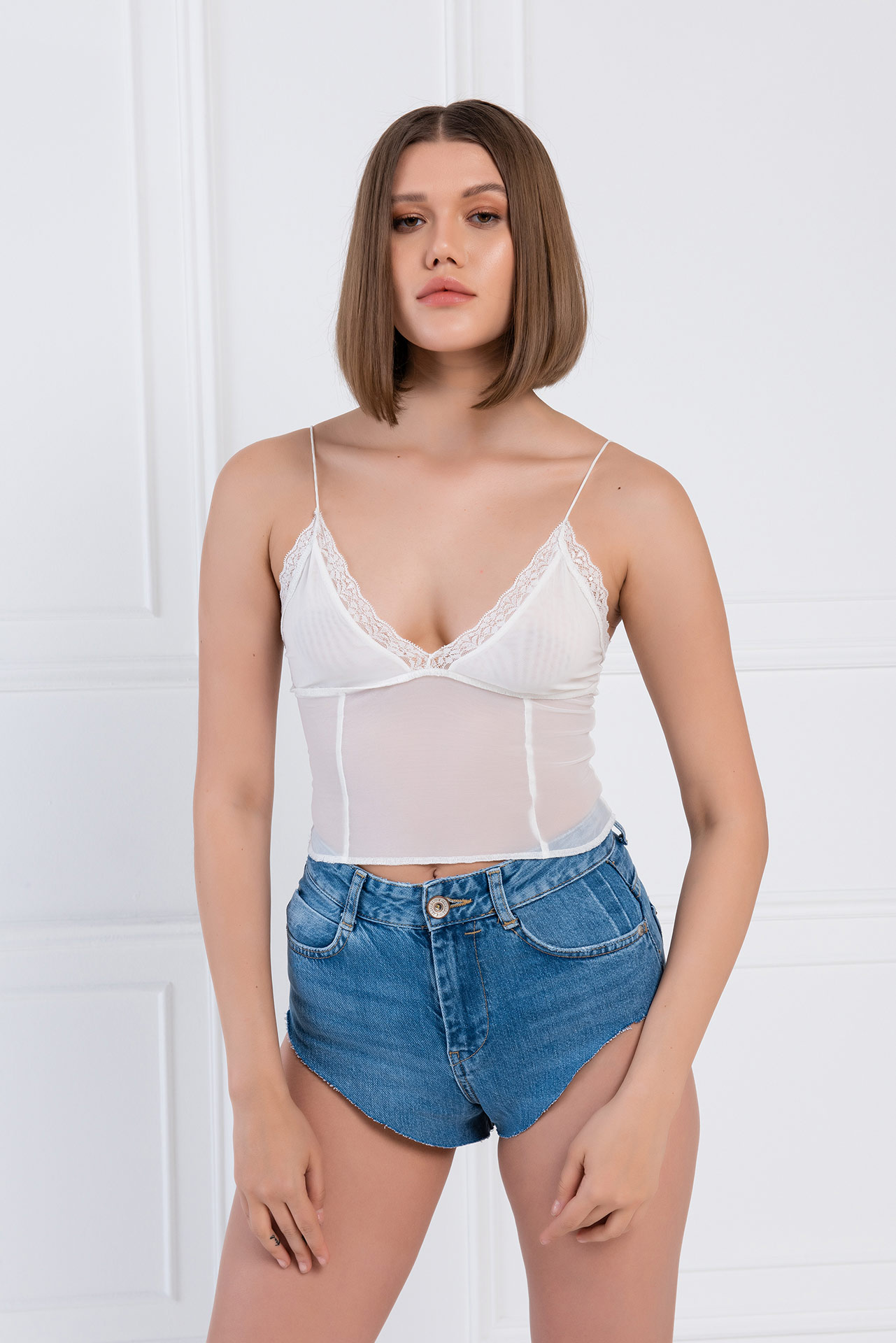 Wholesale Offwhite Mesh Cropped Cami