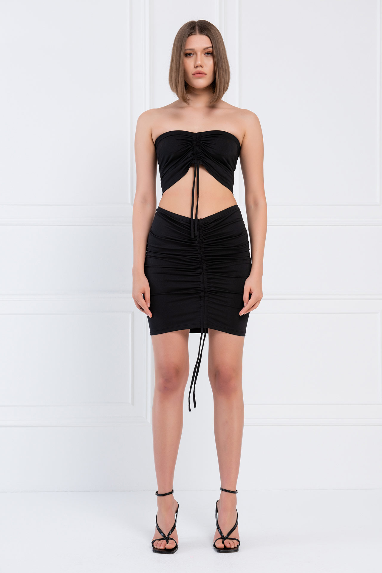 Wholesale Black Ruched Bandeau & Mini Skirt Set