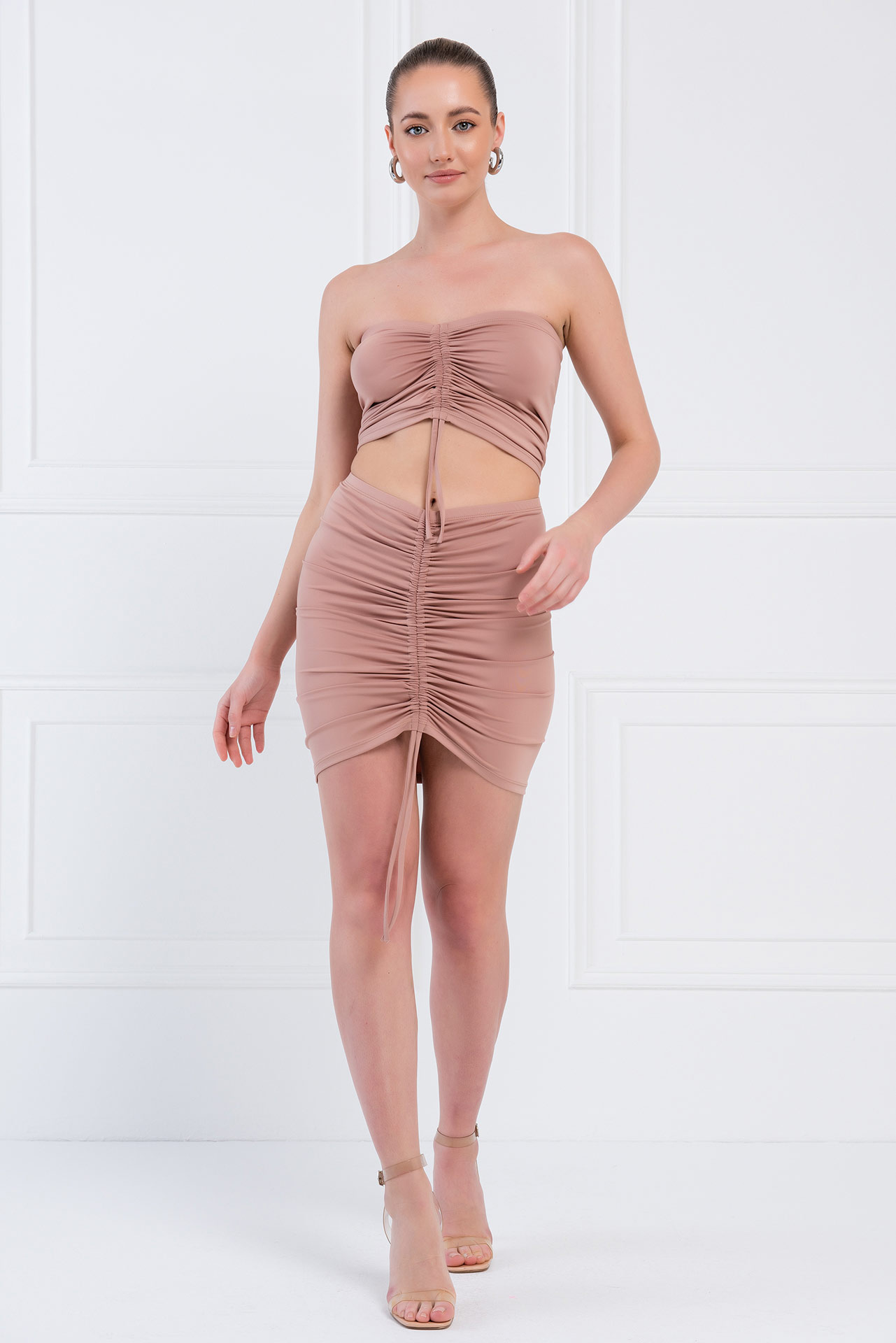 Caramel Ruched Bandeau & Mini Skirt Set