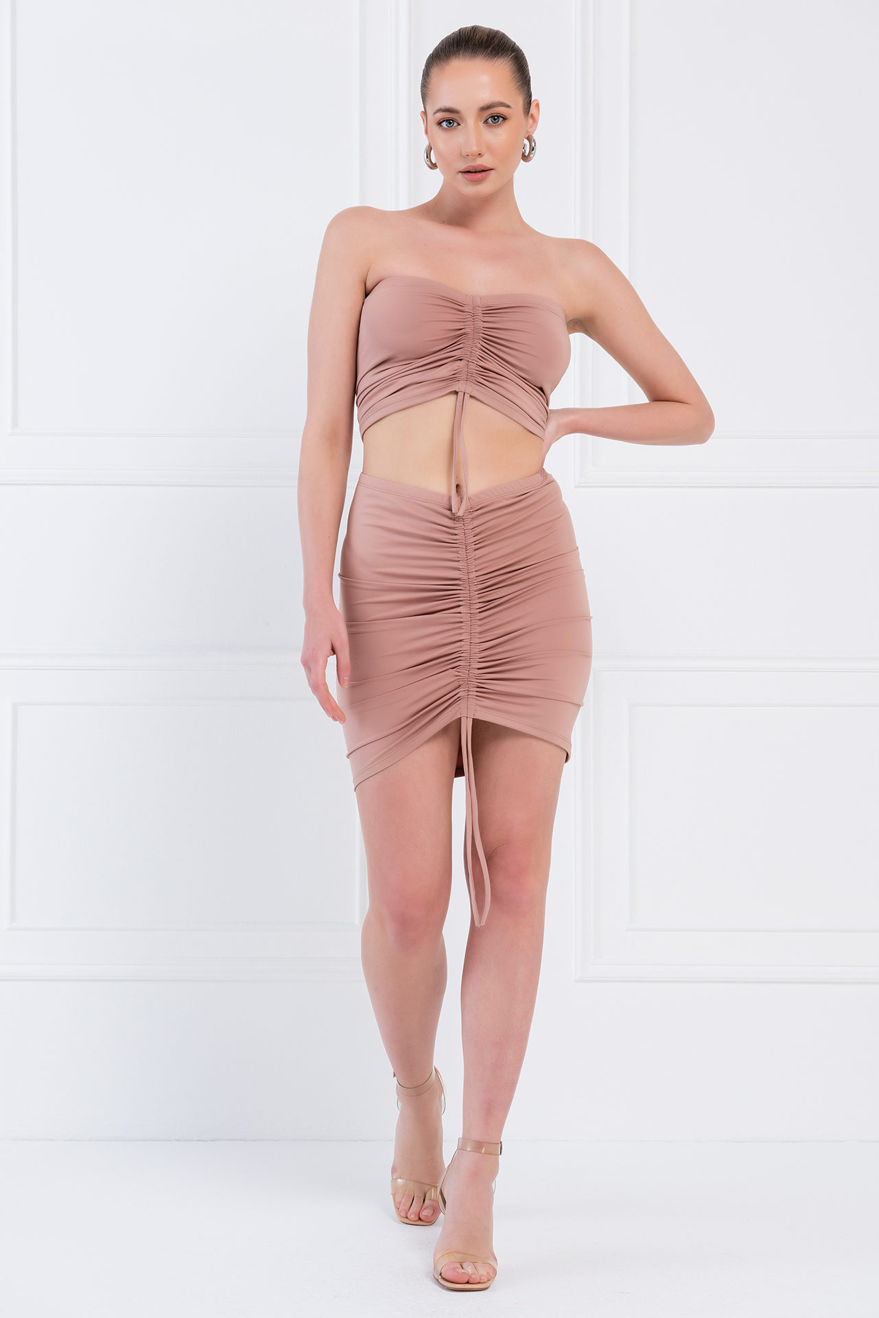 Wholesale Caramel Ruched Bandeau & Mini Skirt Set
