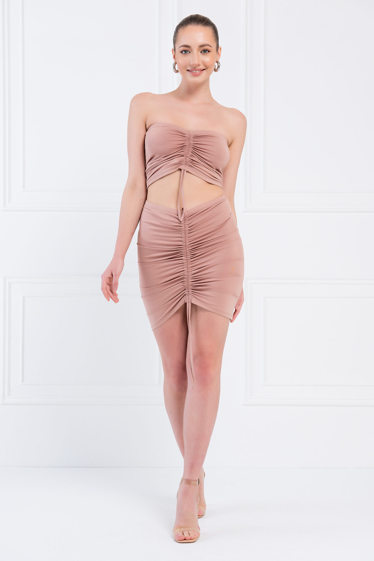 Caramel Ruched Bandeau & Mini Skirt Set