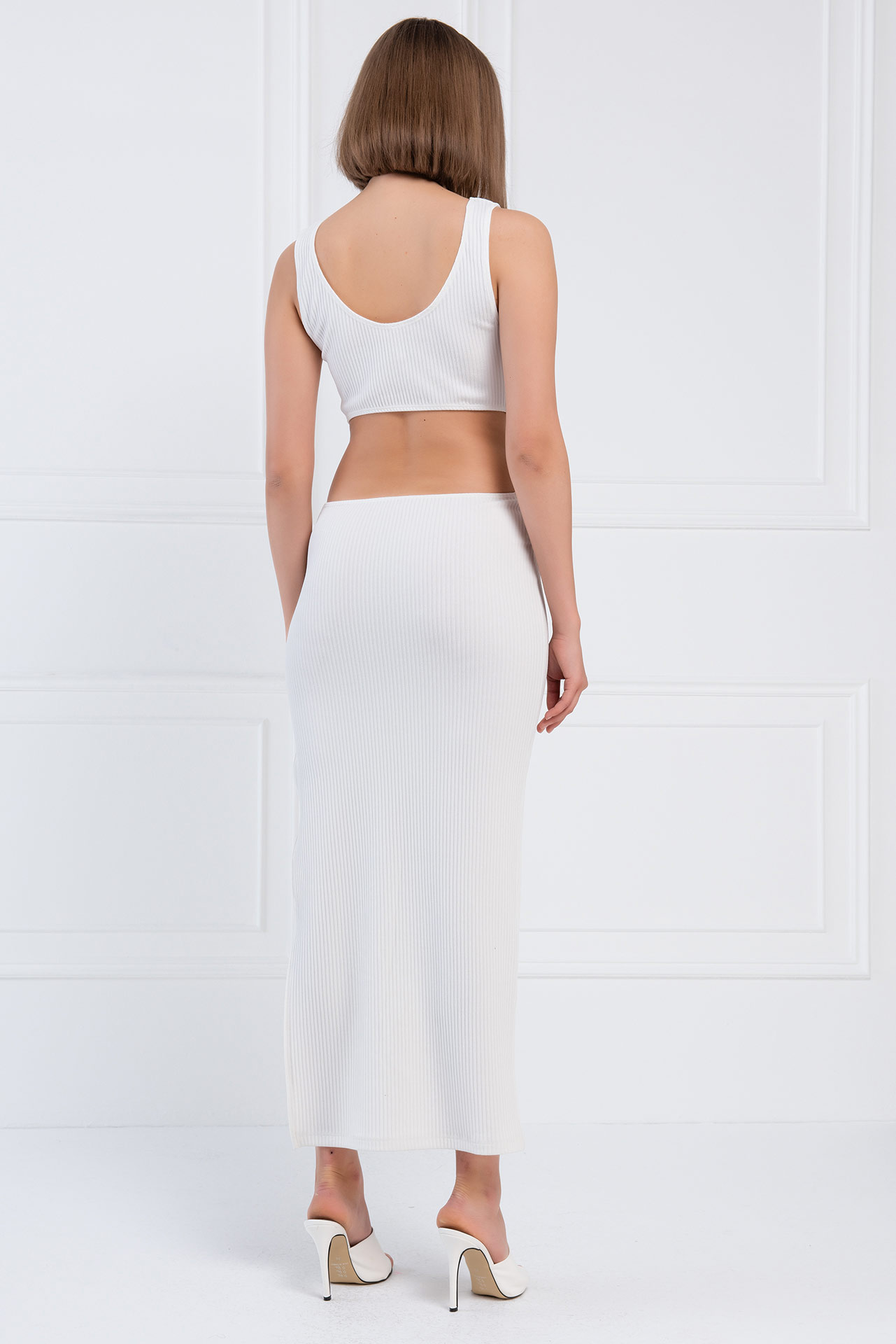 Wholesale Offwhite Ribbed Cut Out Waist Dress