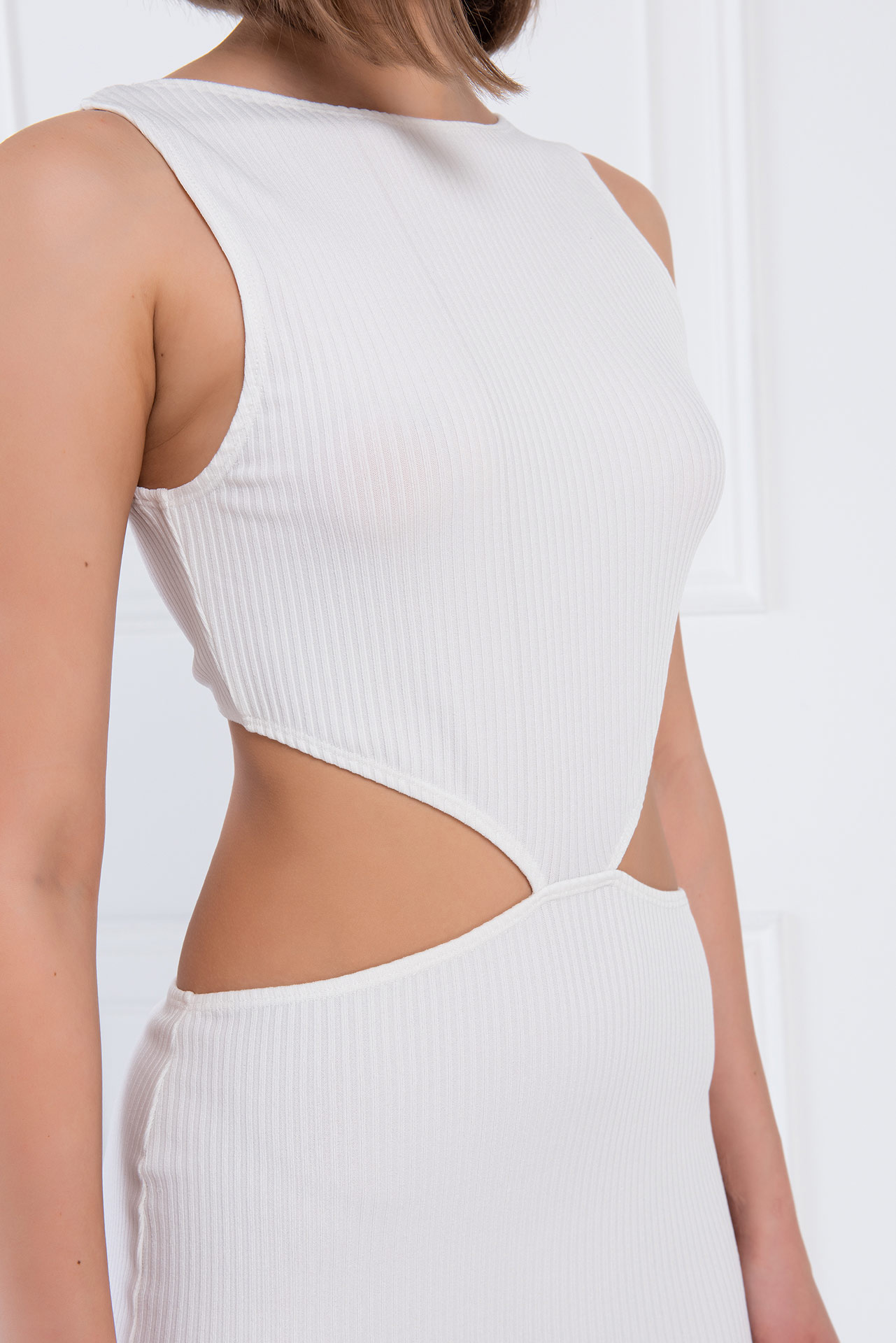 Offwhite Ribbed Cut Out Waist Dress