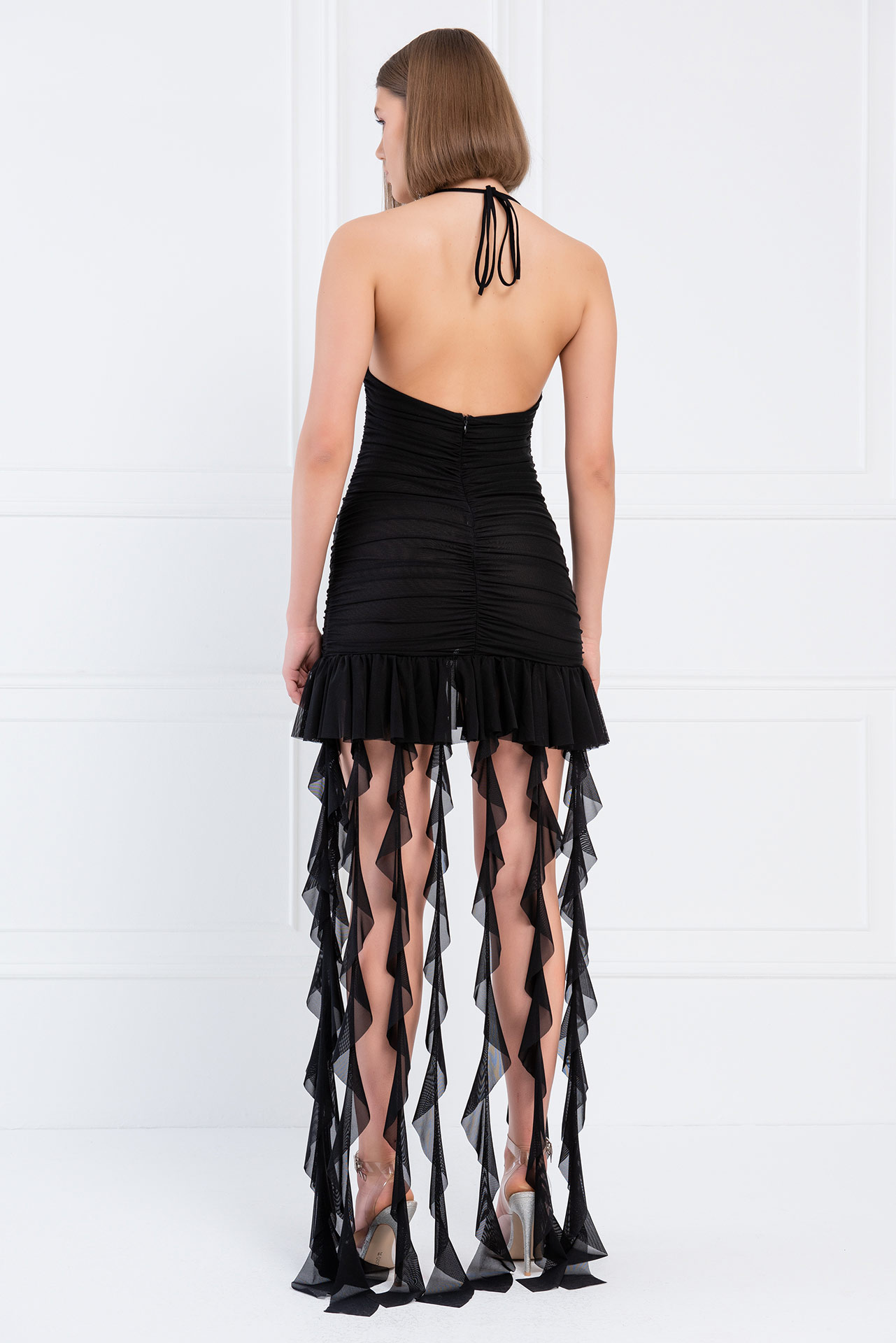 Wholesale Black Ruffle-Trim Halter Mini Dress