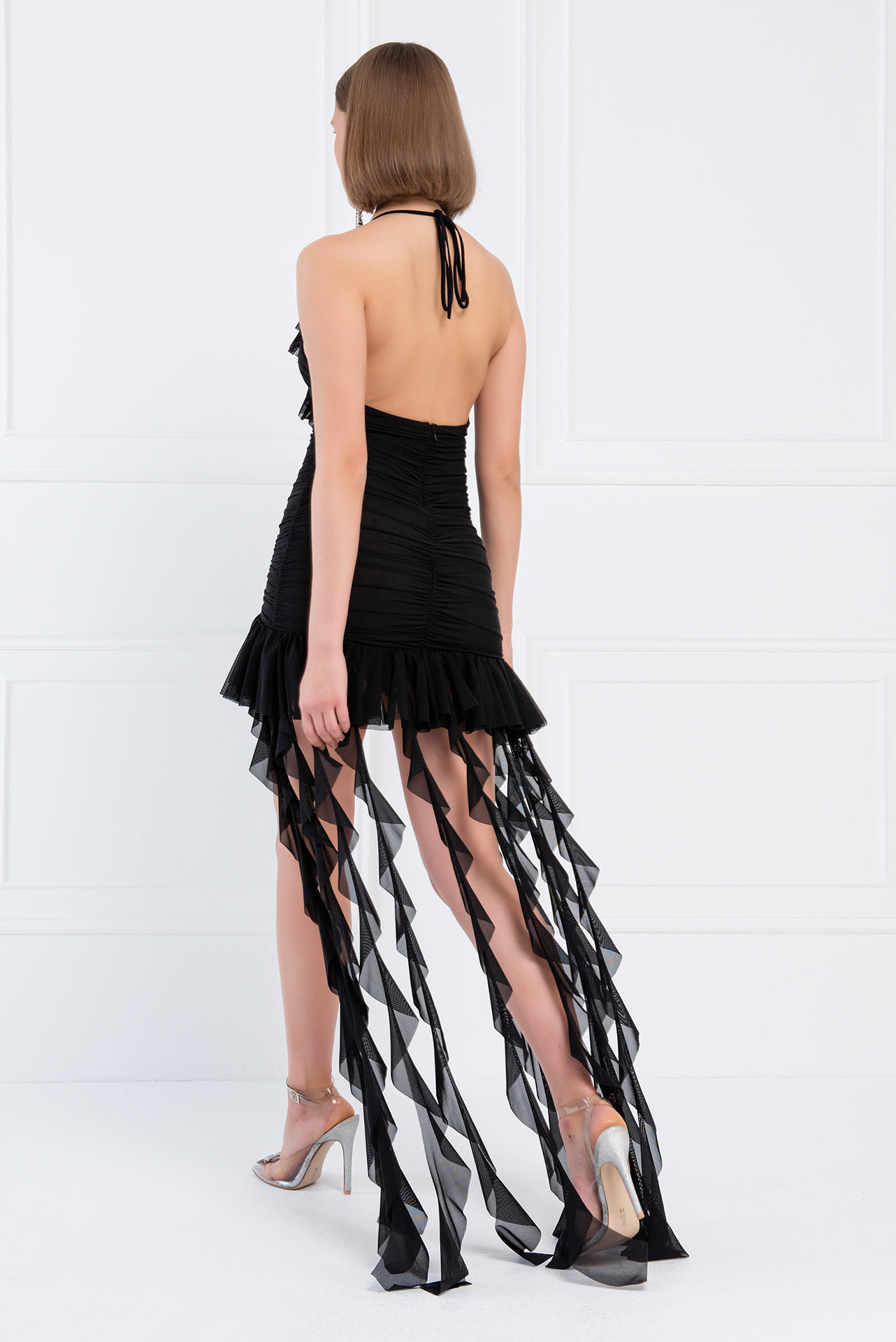 Wholesale Black Ruffle-Trim Halter Mini Dress