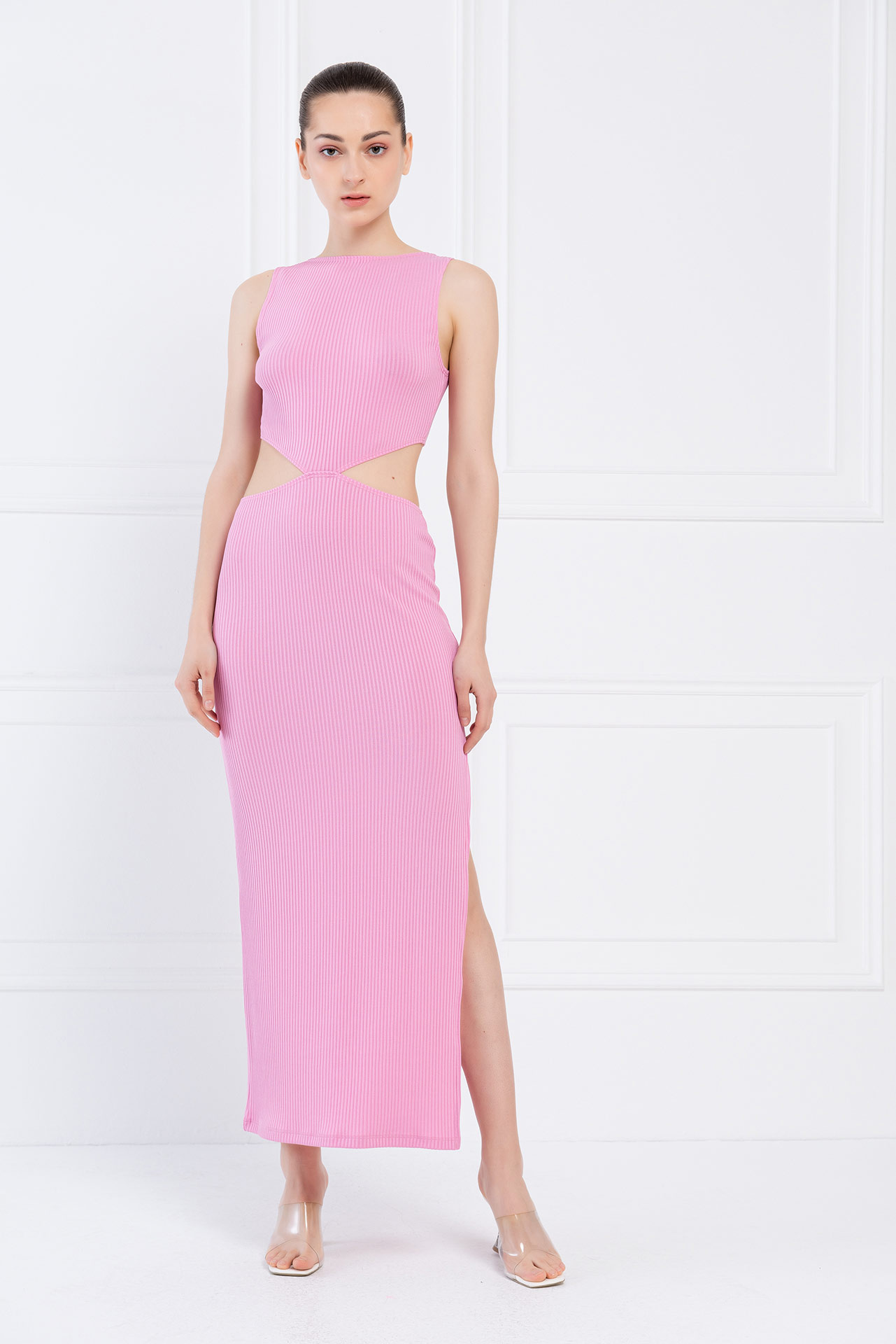 Wholesale New Pink Ribbed Cut Out Waist Dress
