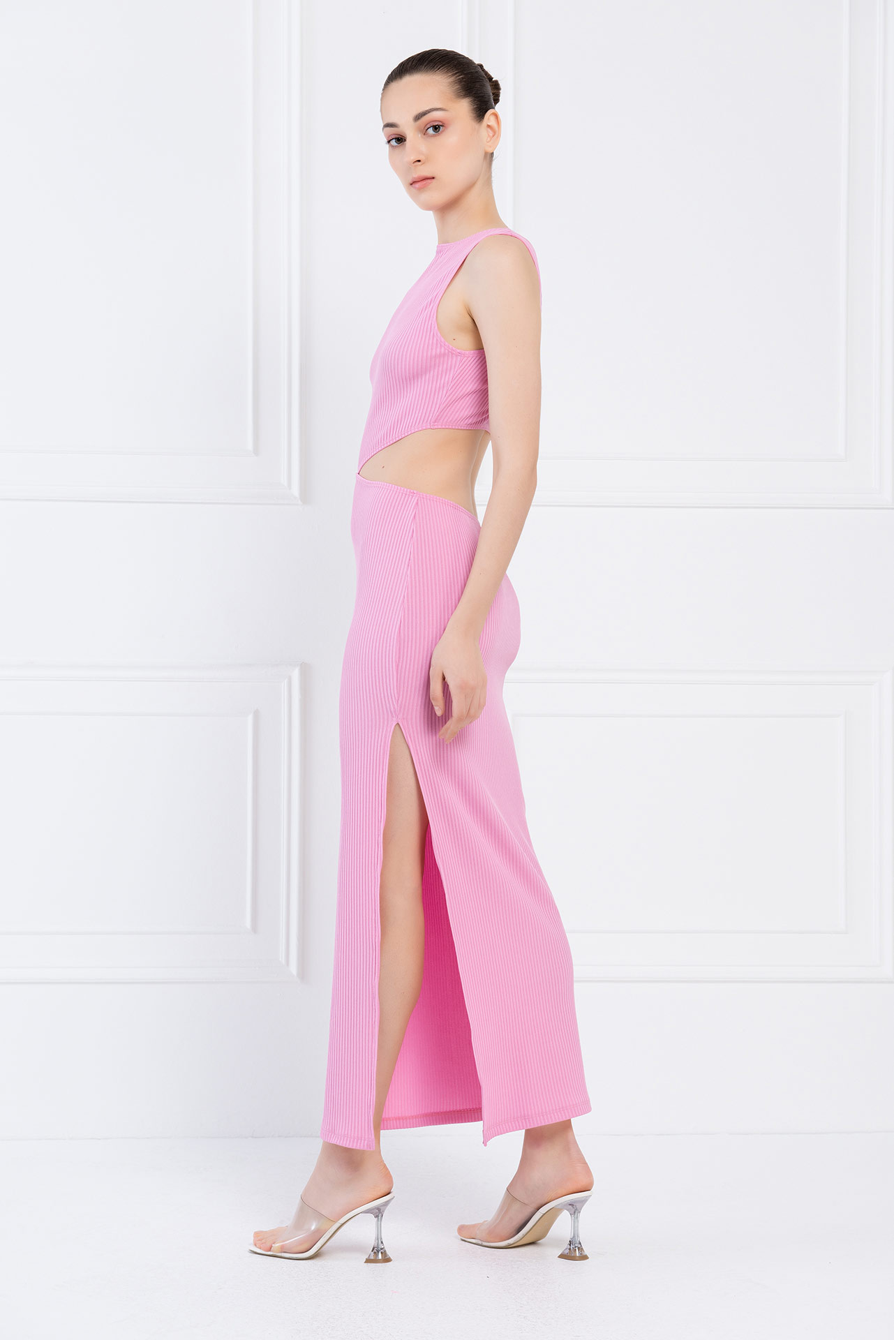 New Pink Ribbed Cut Out Waist Dress