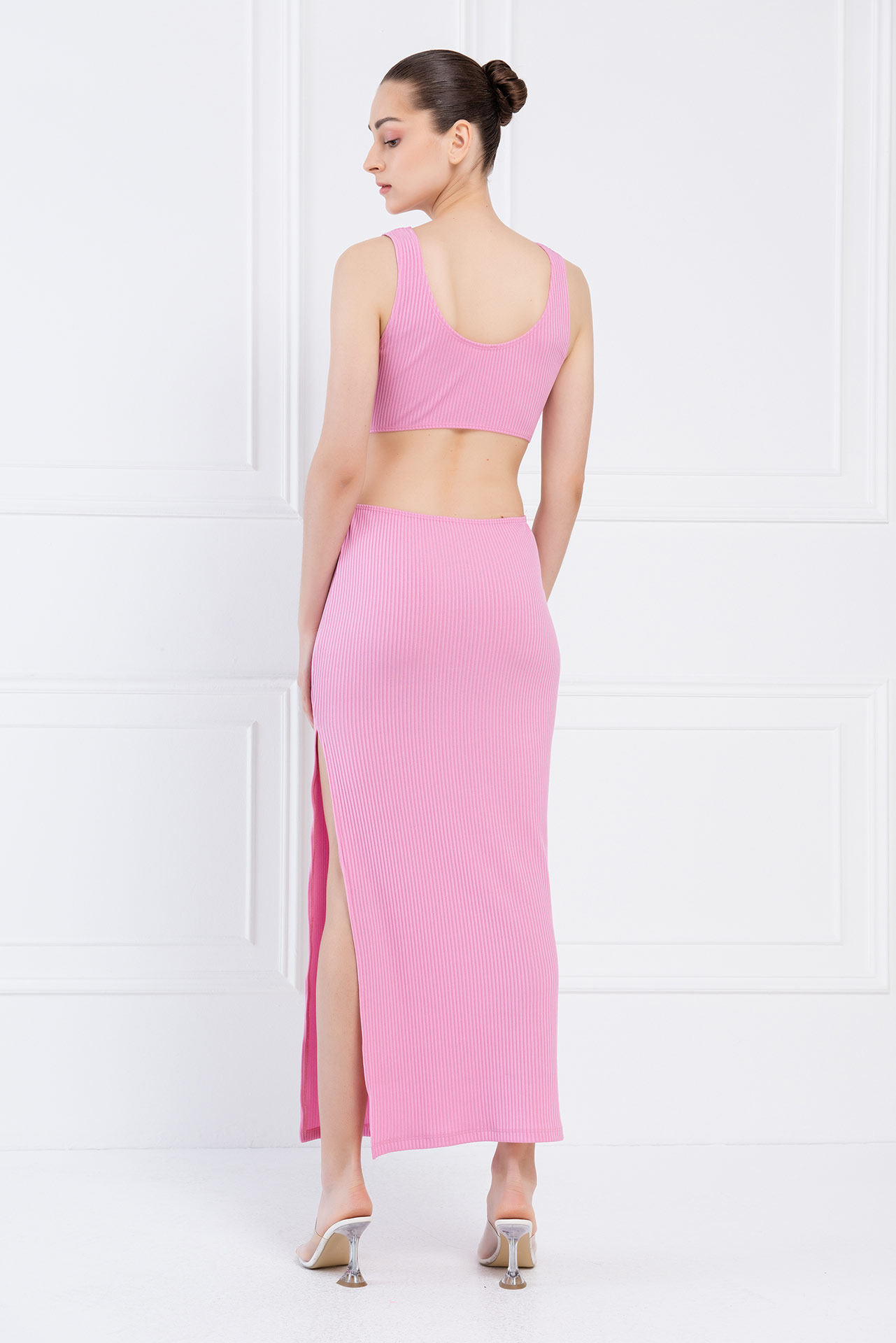 New Pink Ribbed Cut Out Waist Dress