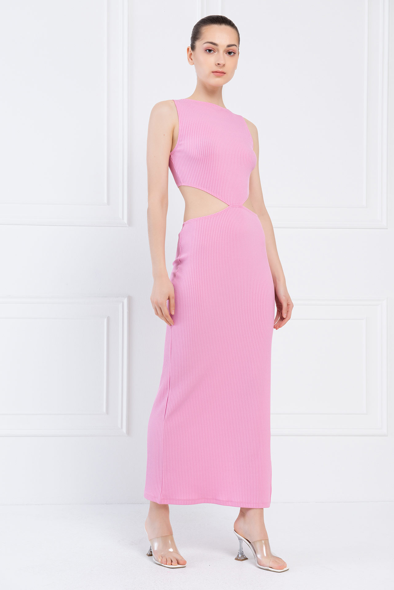 New Pink Ribbed Cut Out Waist Dress