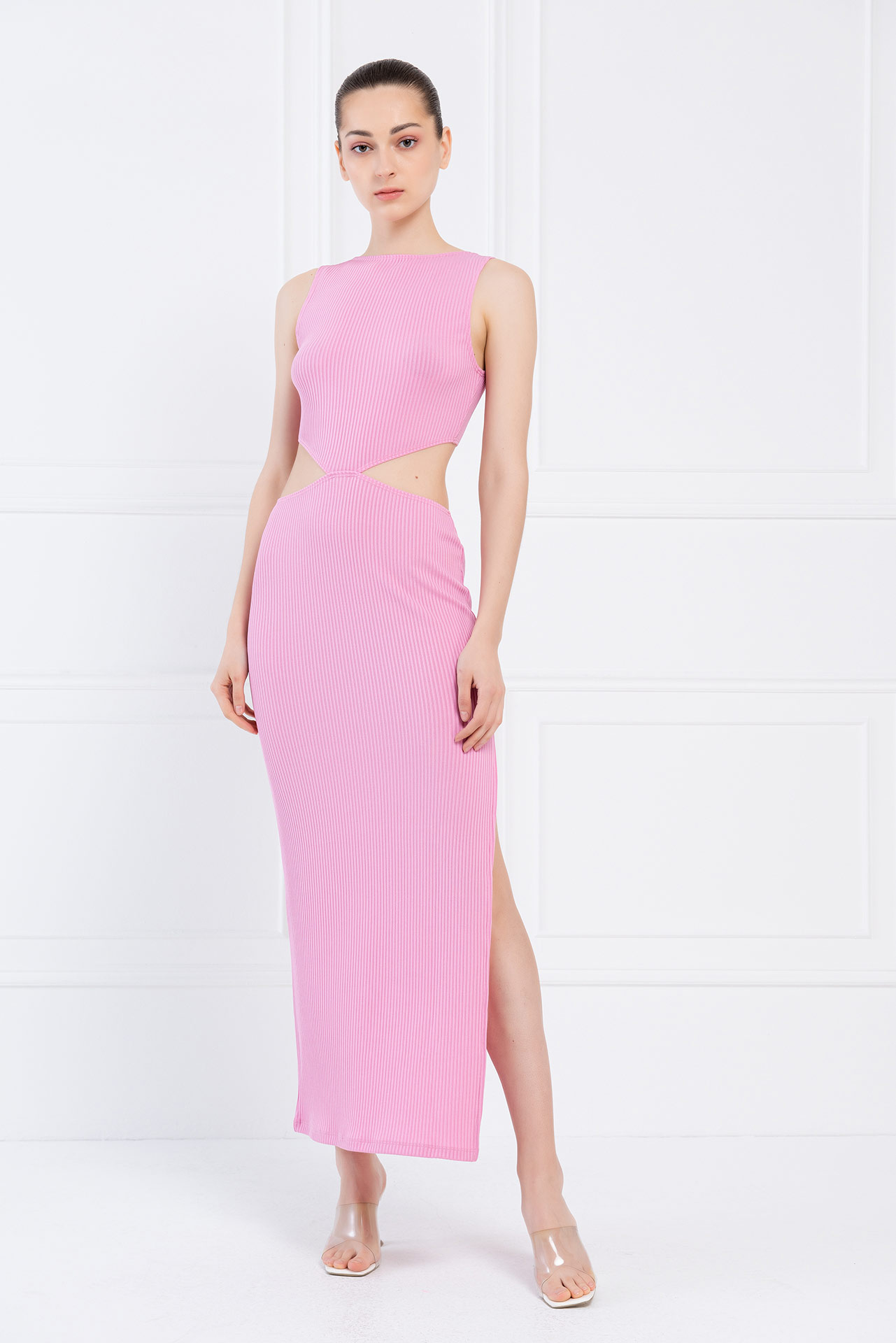 Wholesale New Pink Ribbed Cut Out Waist Dress