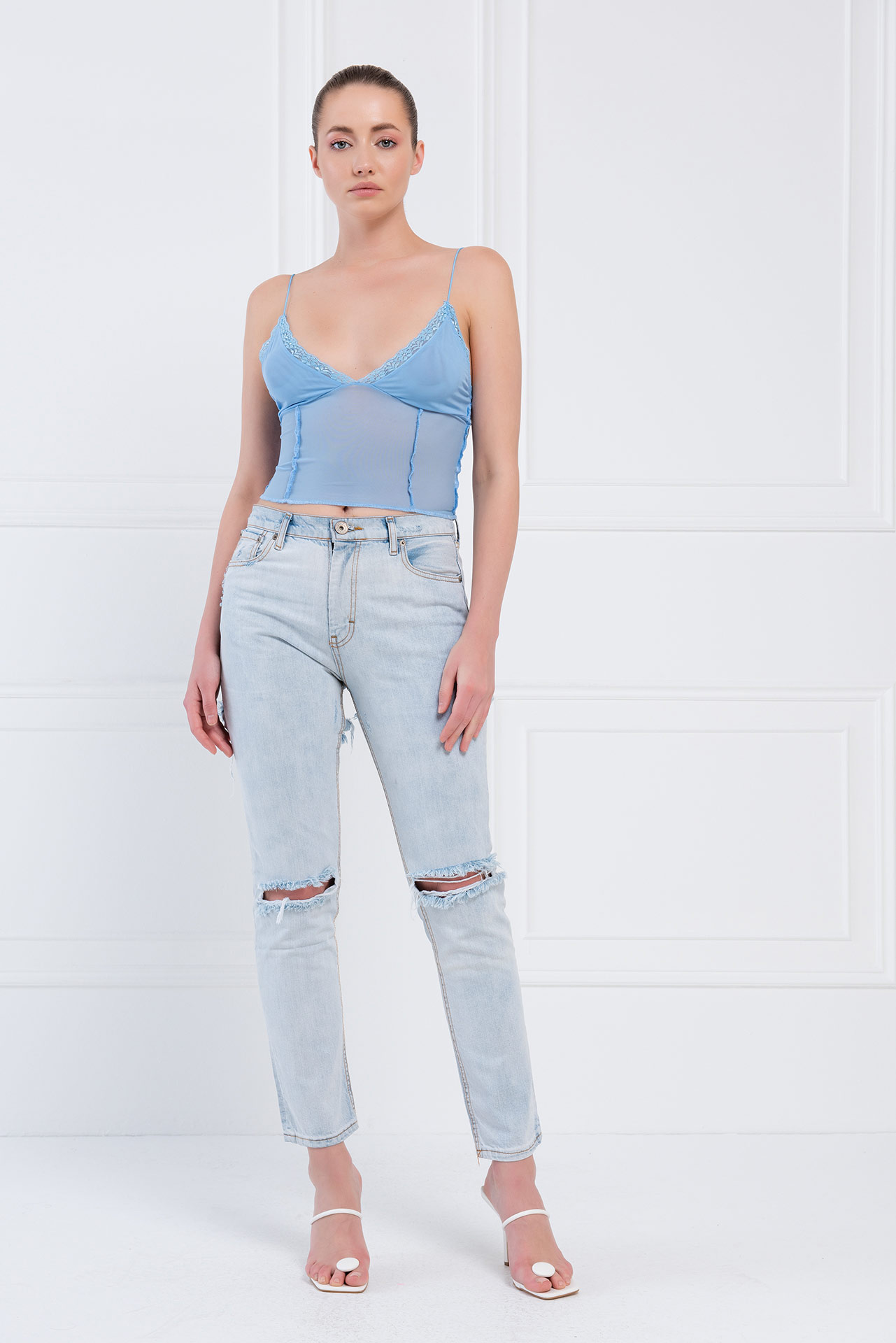 Wholesale Light Blue Mesh Cropped Cami