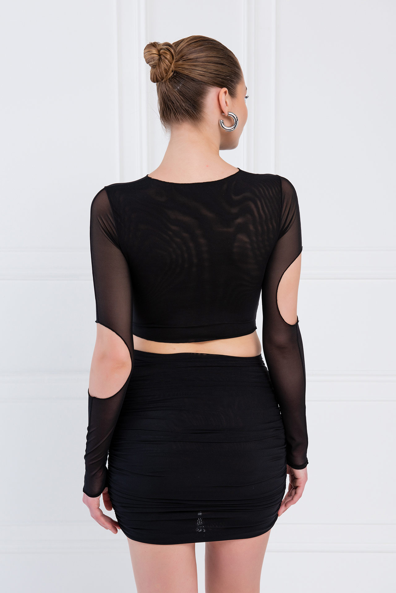 Wholesale Self-Tie Black Mesh Top & Skirt Set