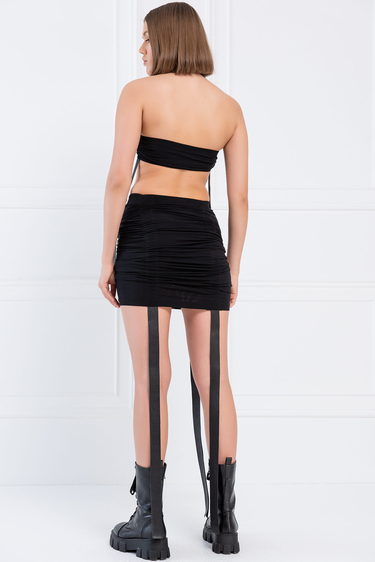 Black Leather-Strap Bandeau & Skirt Set