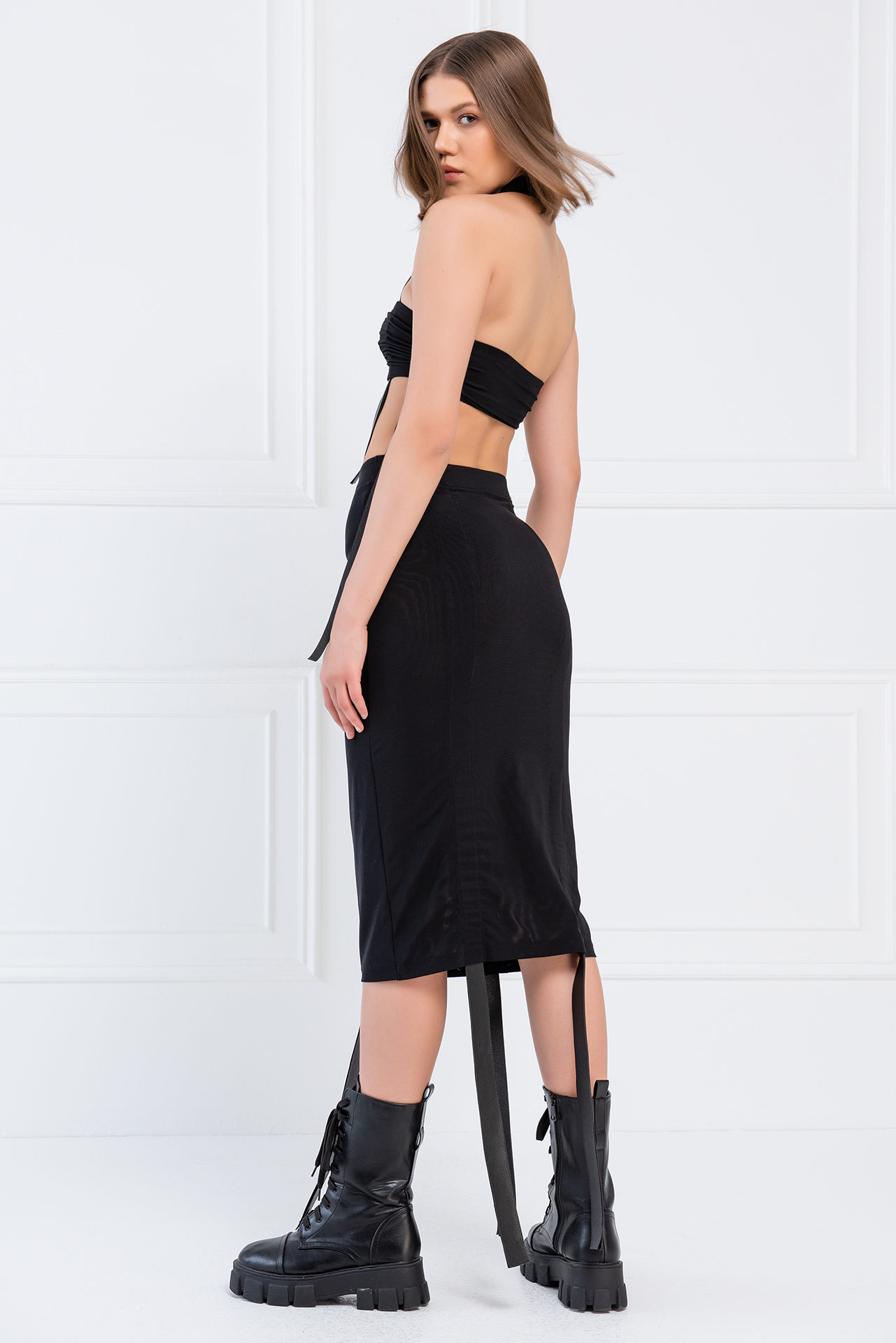 Wholesale Black Leather-Strap Bandeau & Skirt Set