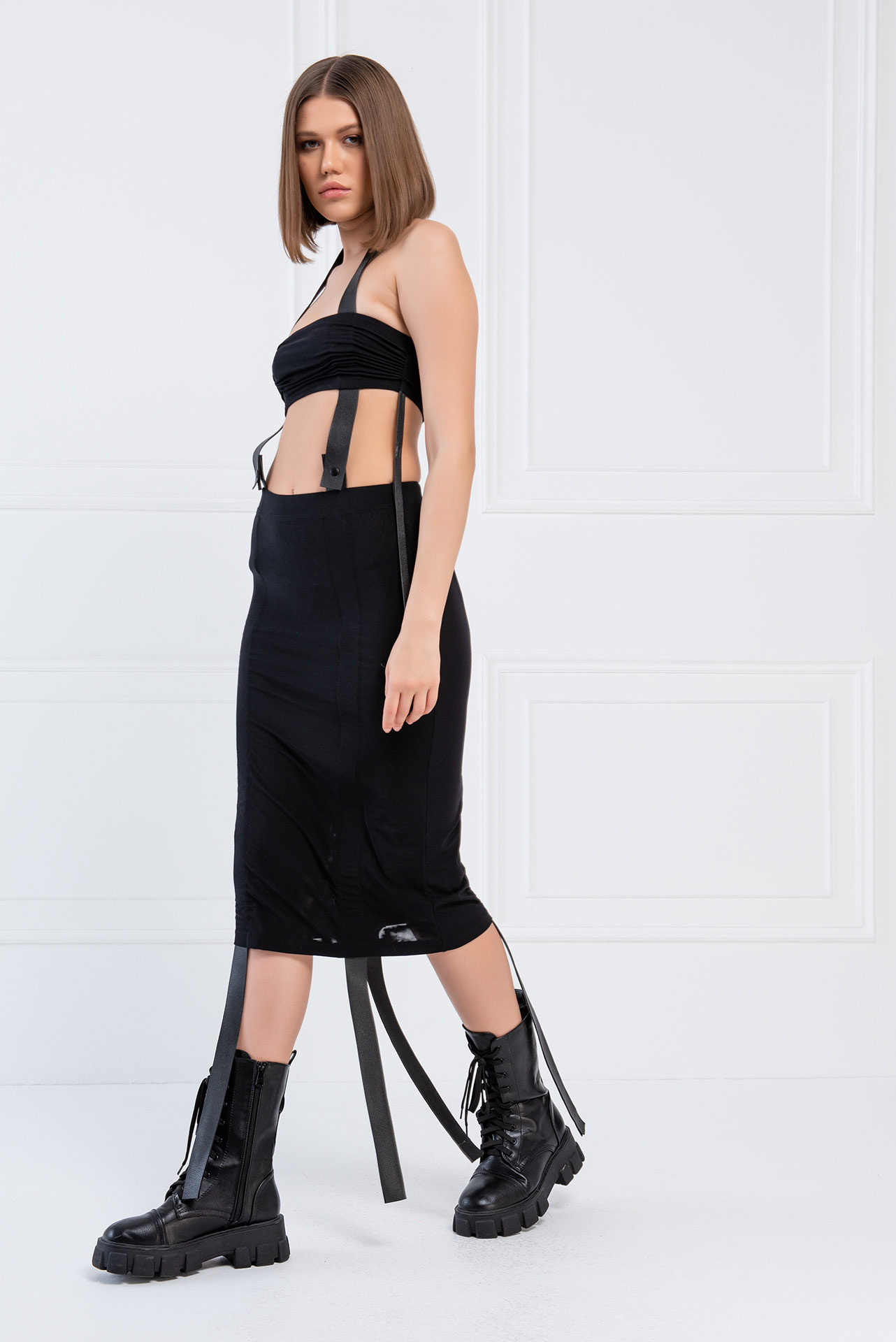Black Leather-Strap Bandeau & Skirt Set