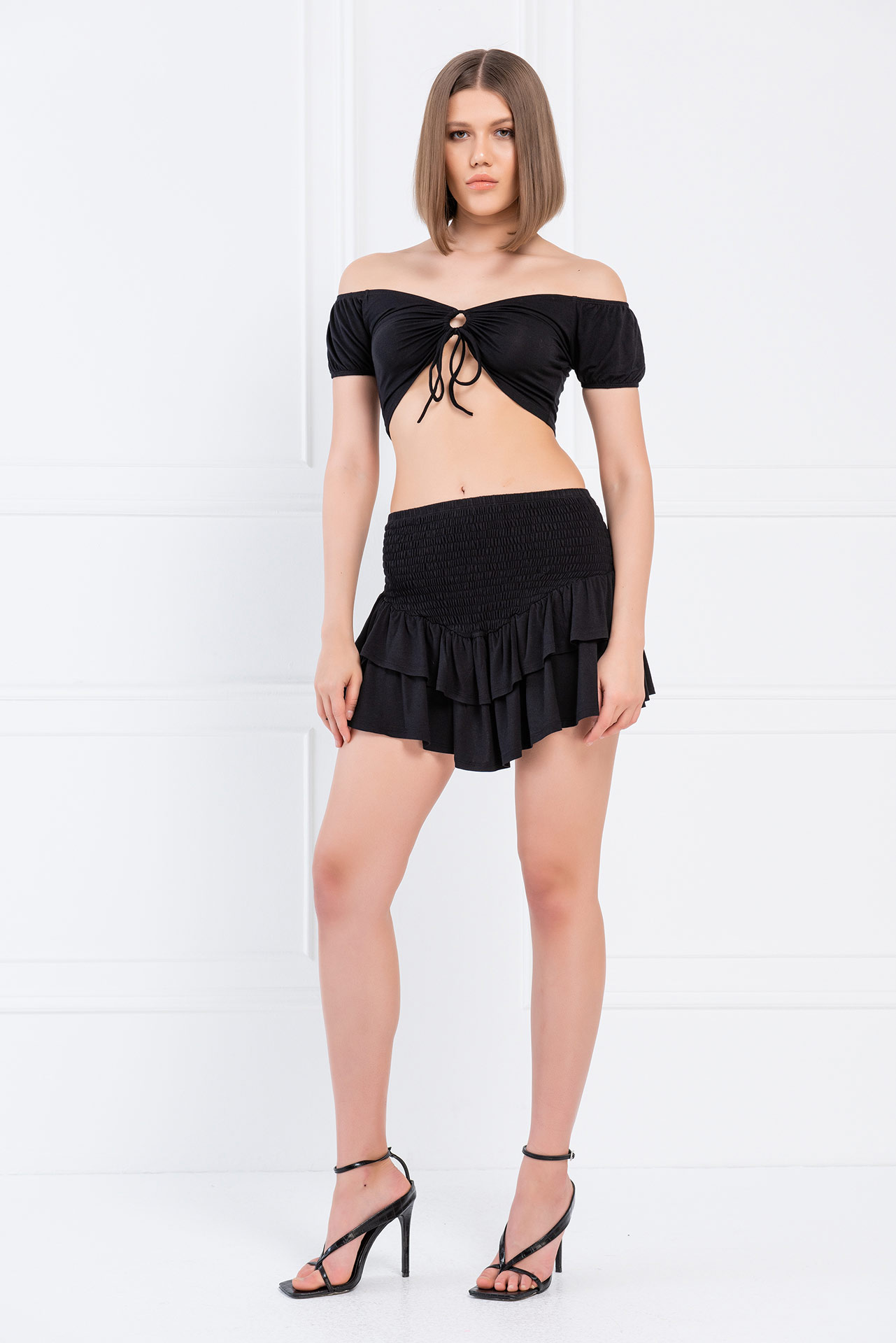 Black Off-the-Shoulder Crop Top & Mini Skirt Set