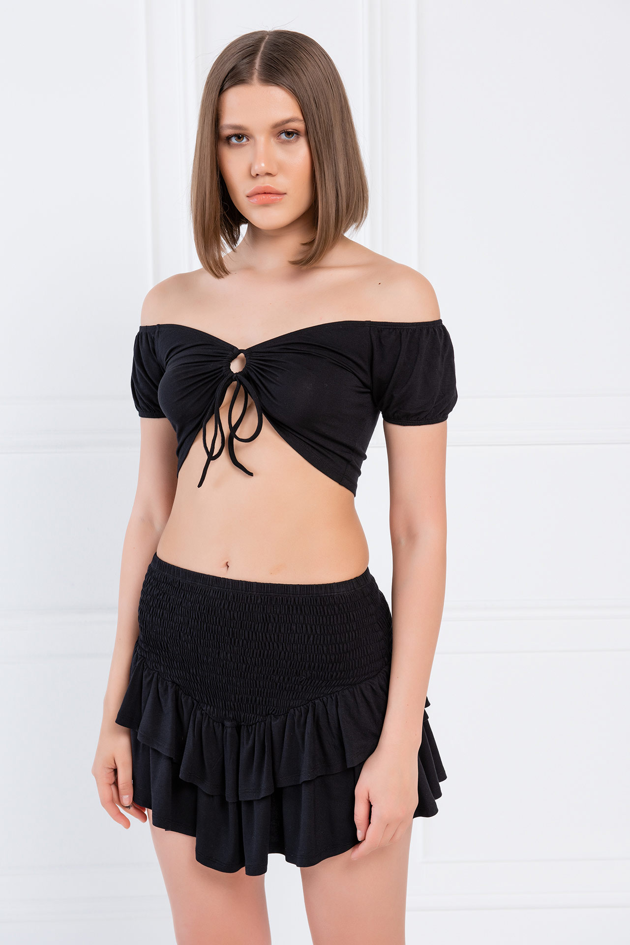 Wholesale Black Off-the-Shoulder Crop Top & Mini Skirt Set