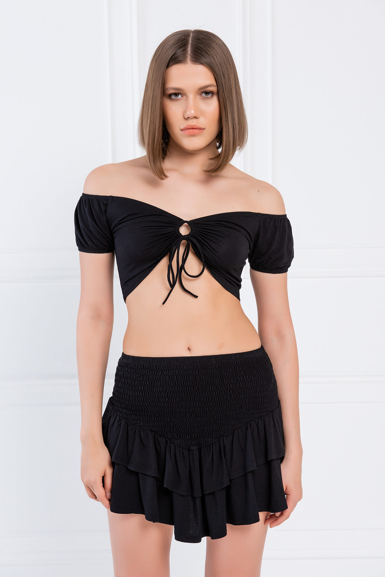 Wholesale Black Off-the-Shoulder Crop Top & Mini Skirt Set