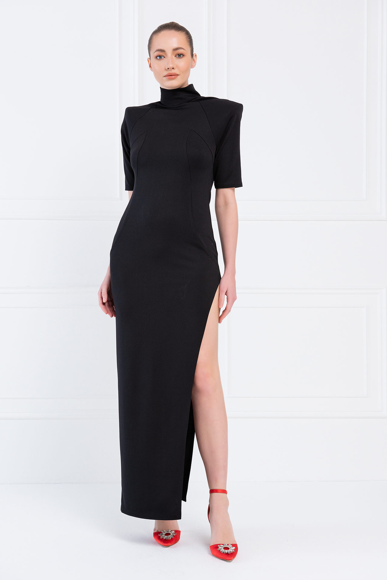 Black Raglan-Sleeve Split-Side Maxi Dress