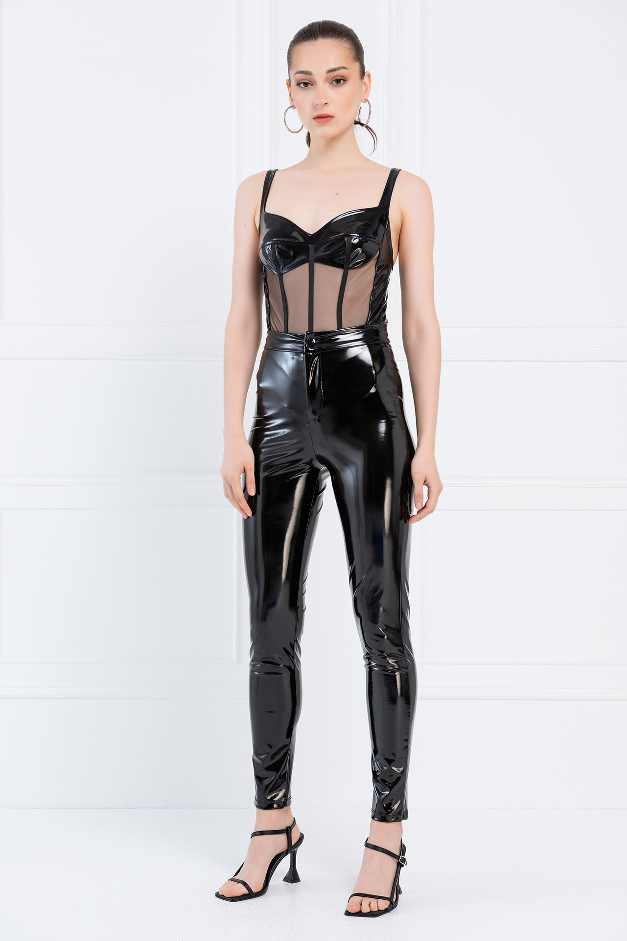 Black Vinyl-Trim Mesh Bodysuit