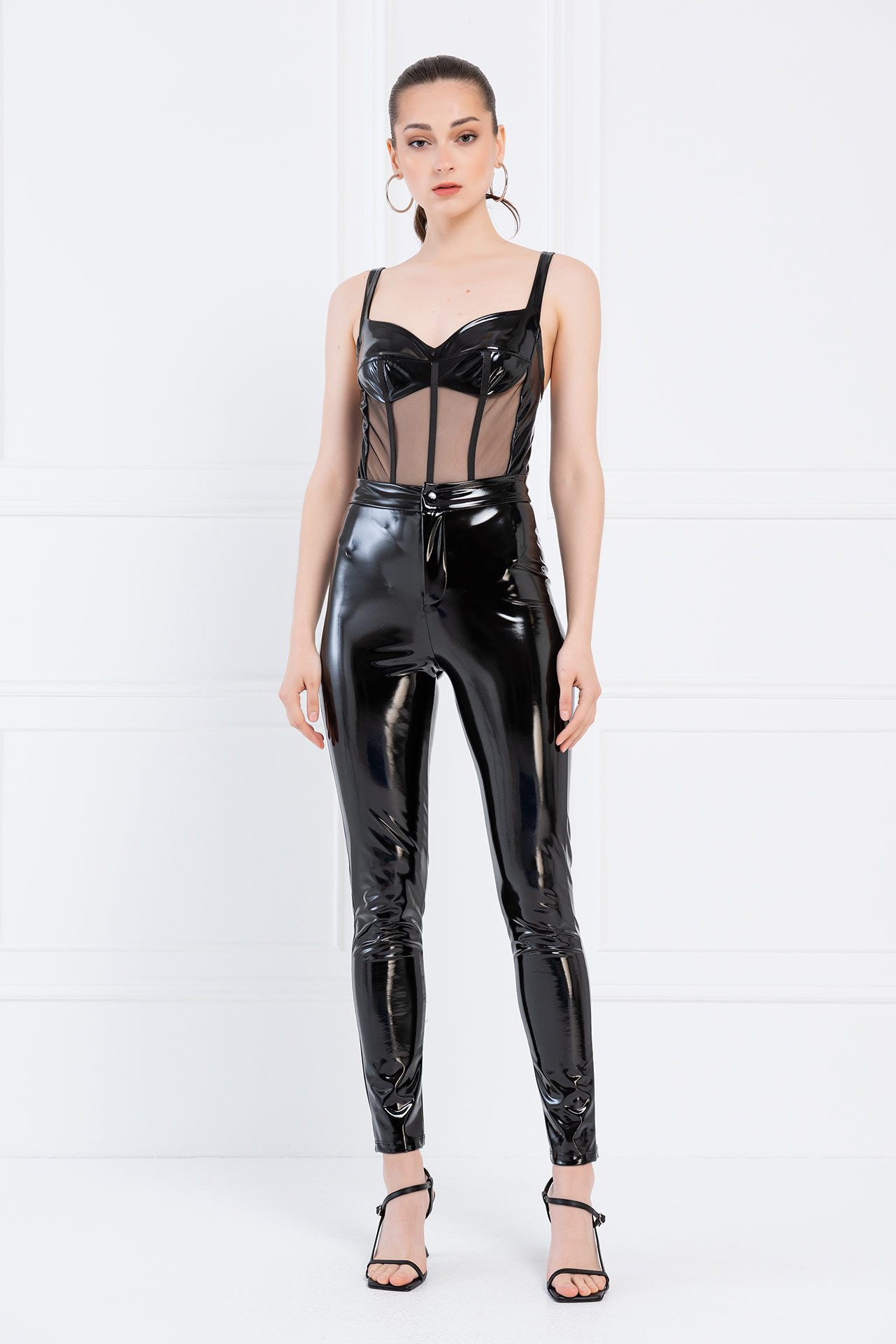 Black Vinyl-Trim Mesh Bodysuit