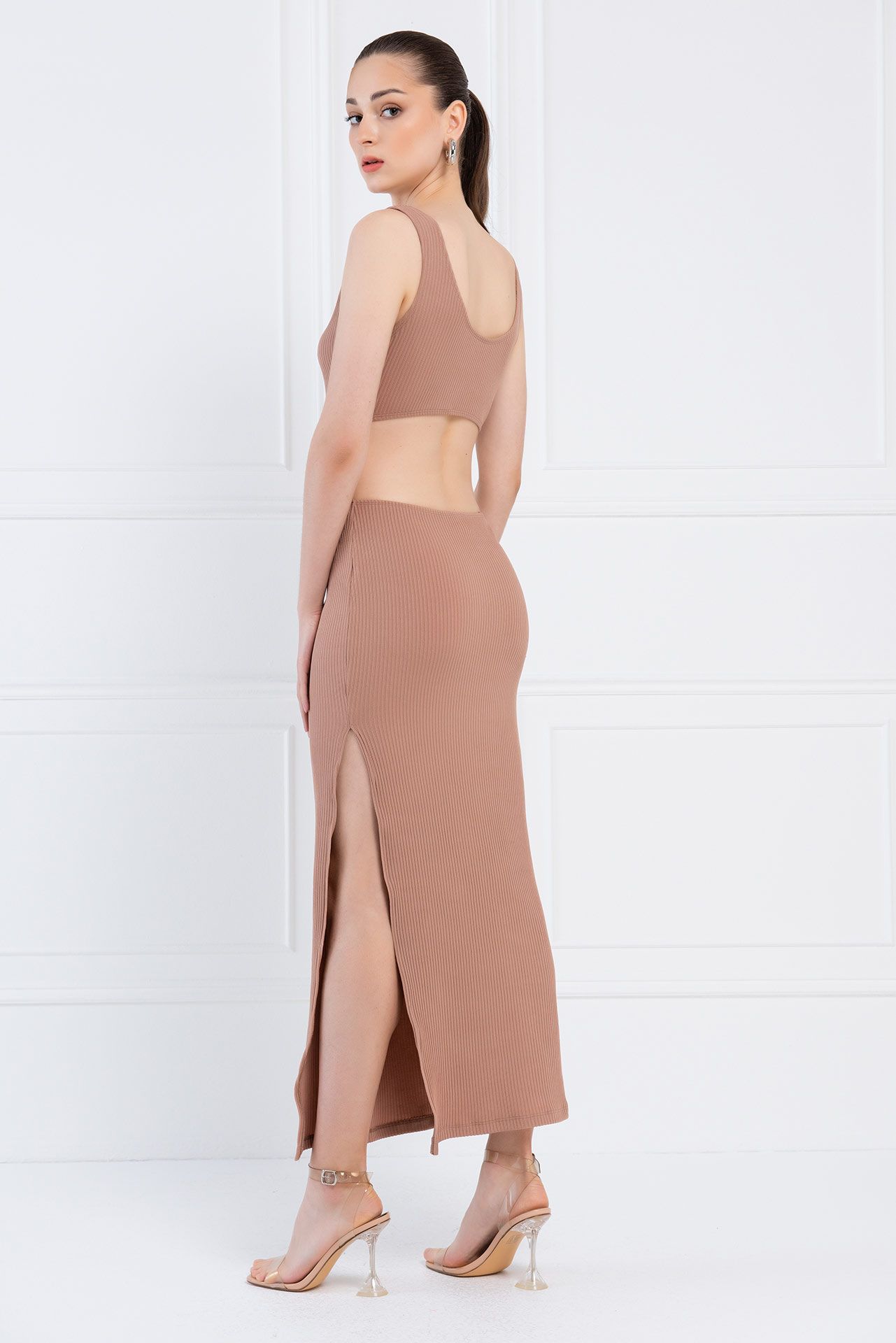 Caramel Ribbed Cut Out Waist Dress