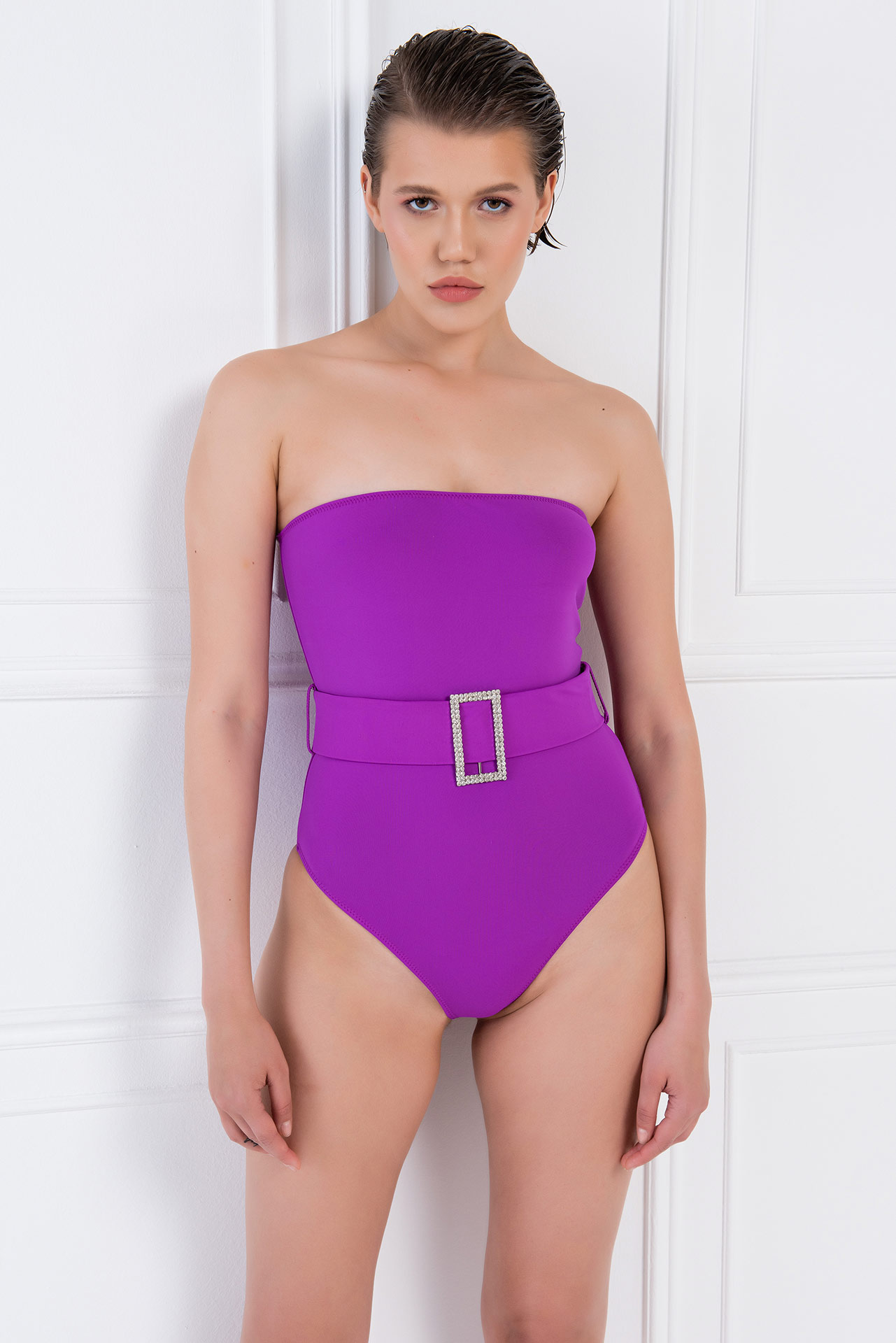 Purple Embellished-Belt Tube Swimsuit