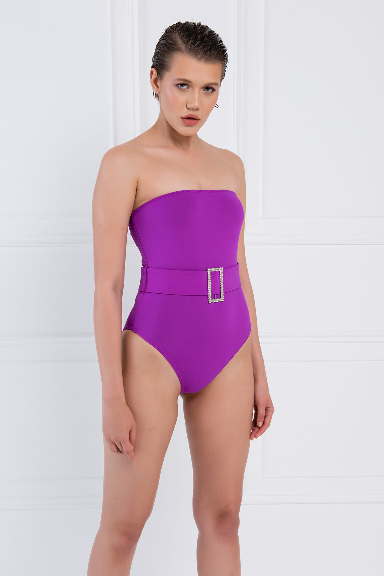оптовая Purple Embellished-Belt Tube Swimsuit