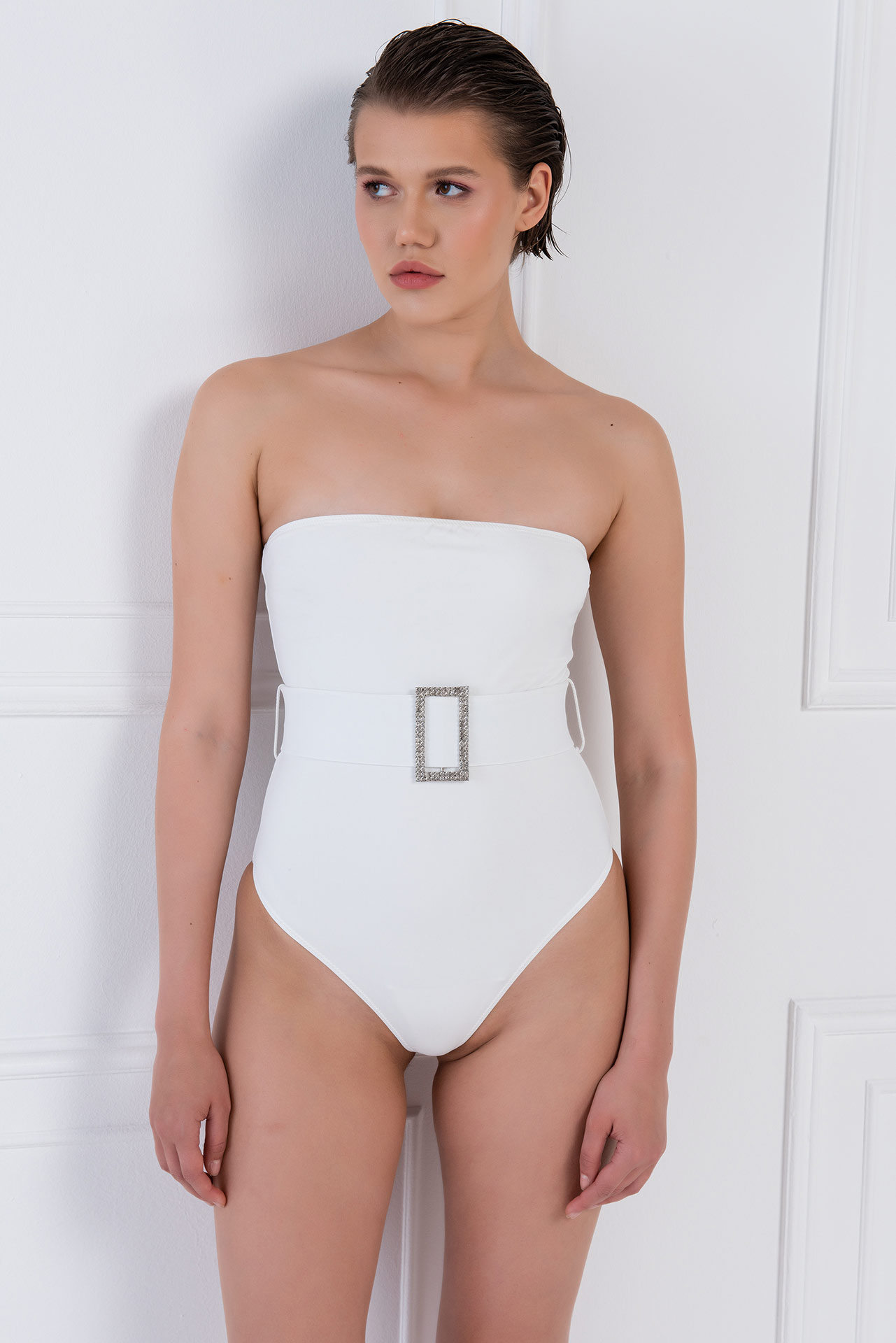 Wholesale Offwhite Embellished-Belt Tube Swimsuit