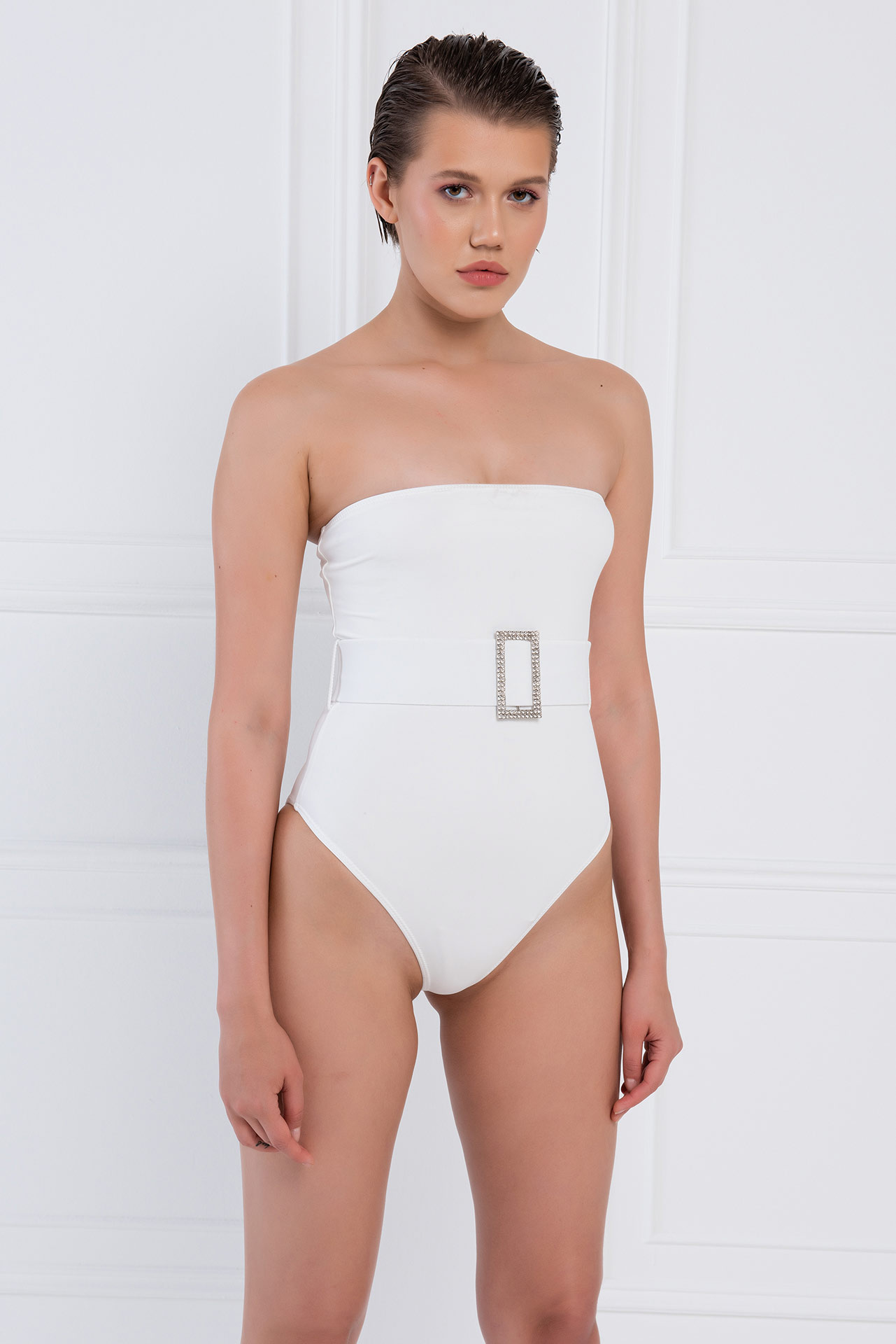Wholesale Offwhite Embellished-Belt Tube Swimsuit