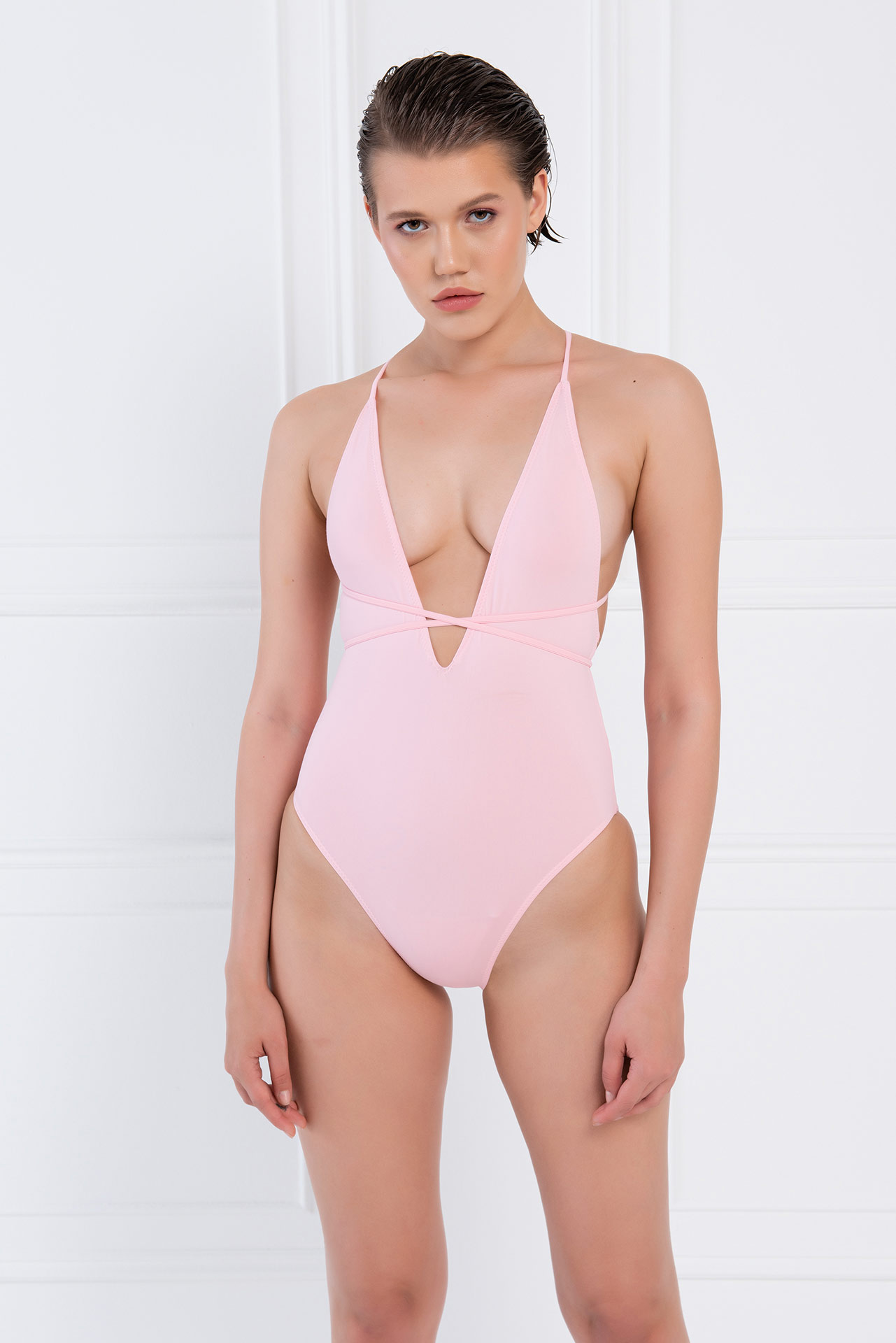 Wholesale Pink Strappy Self-Tie Swimsuit