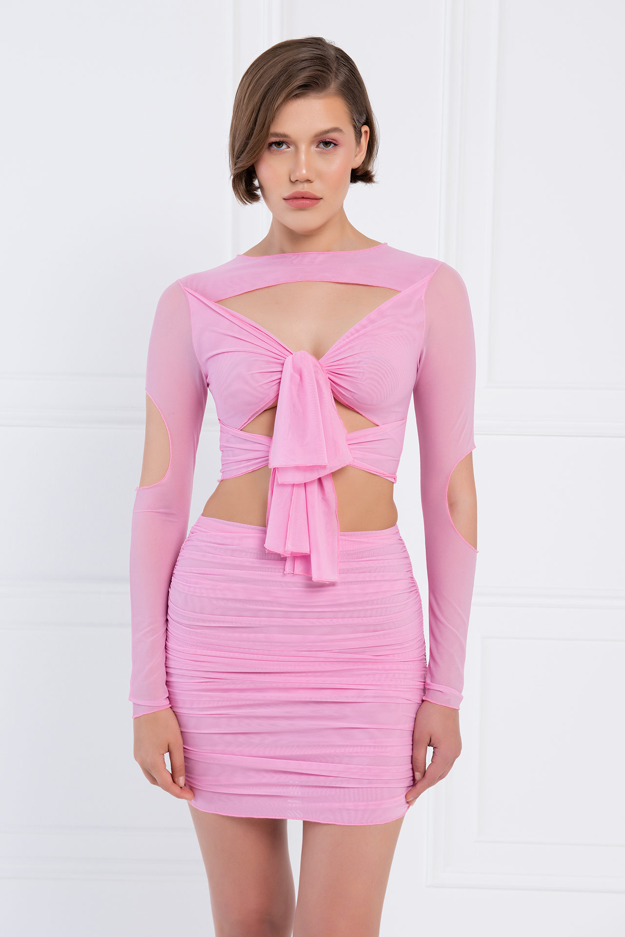 Wholesale Self-Tie New Pink Mesh Top & Skirt Set