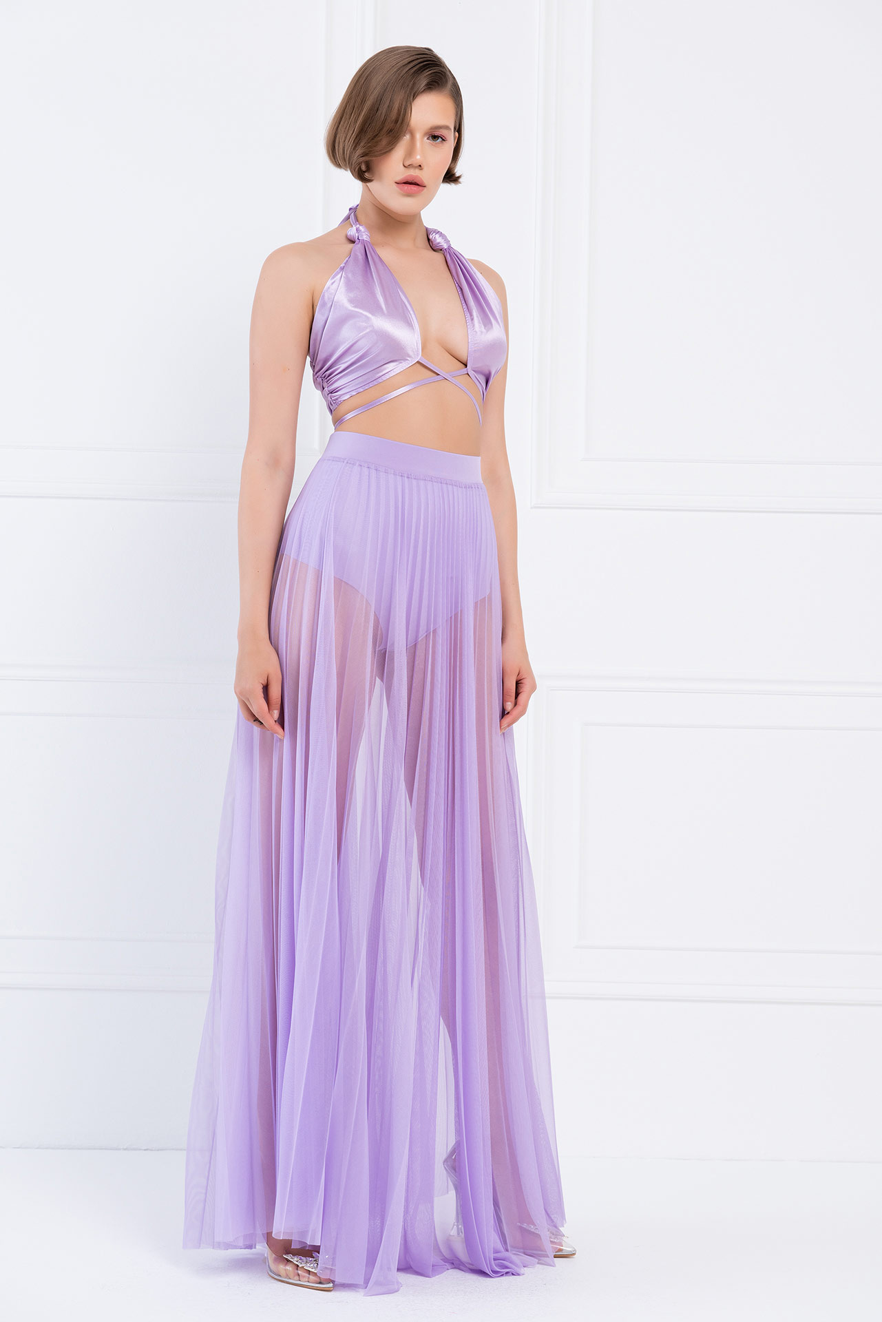 Sheer Pleated Maxi Skirt in  New Lilac
