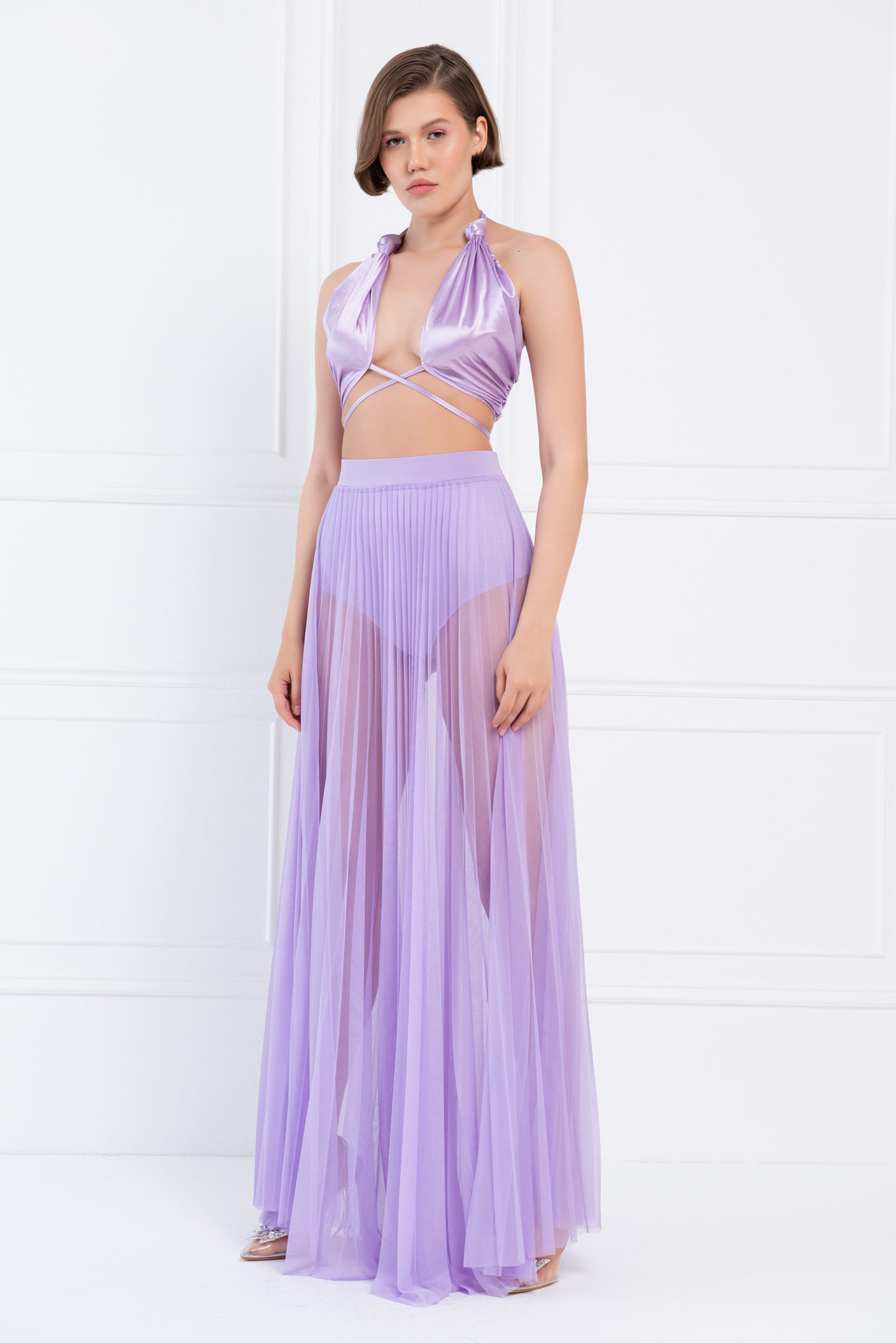 Wholesale Sheer Pleated Maxi Skirt in  New Lilac