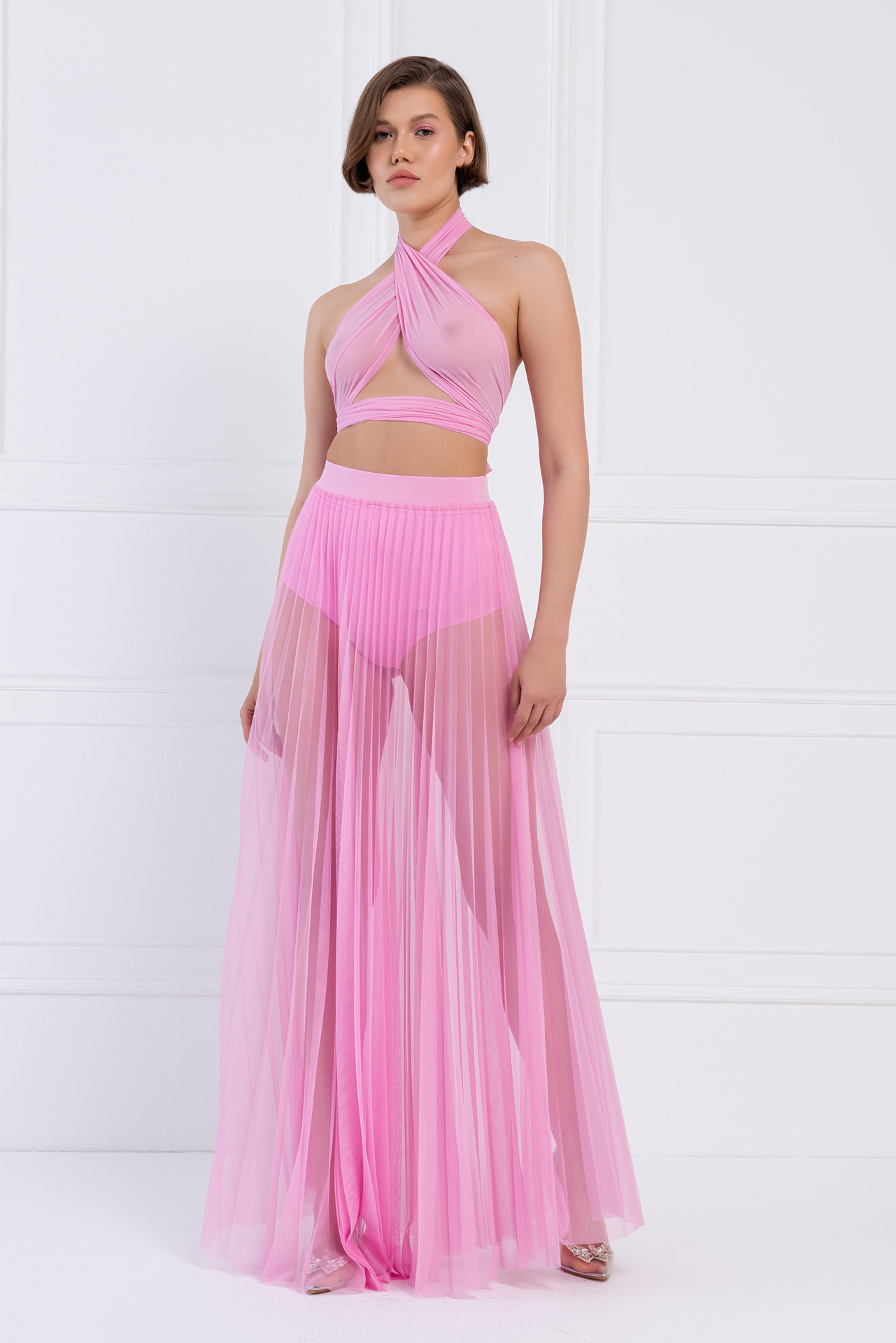 Wholesale Sheer Pleated Maxi Skirt in  New Pink
