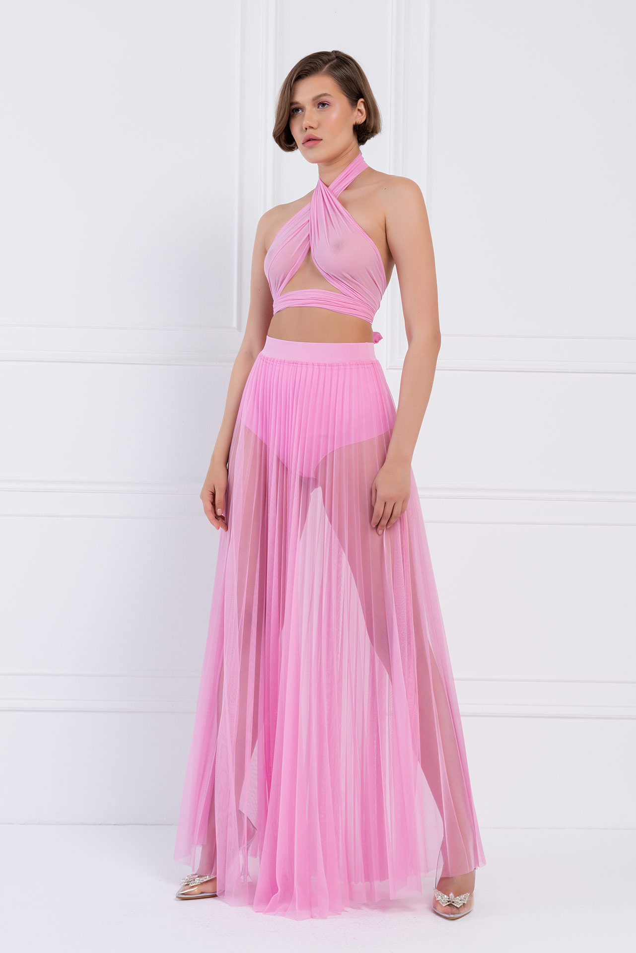 Wholesale Sheer Pleated Maxi Skirt in  New Pink