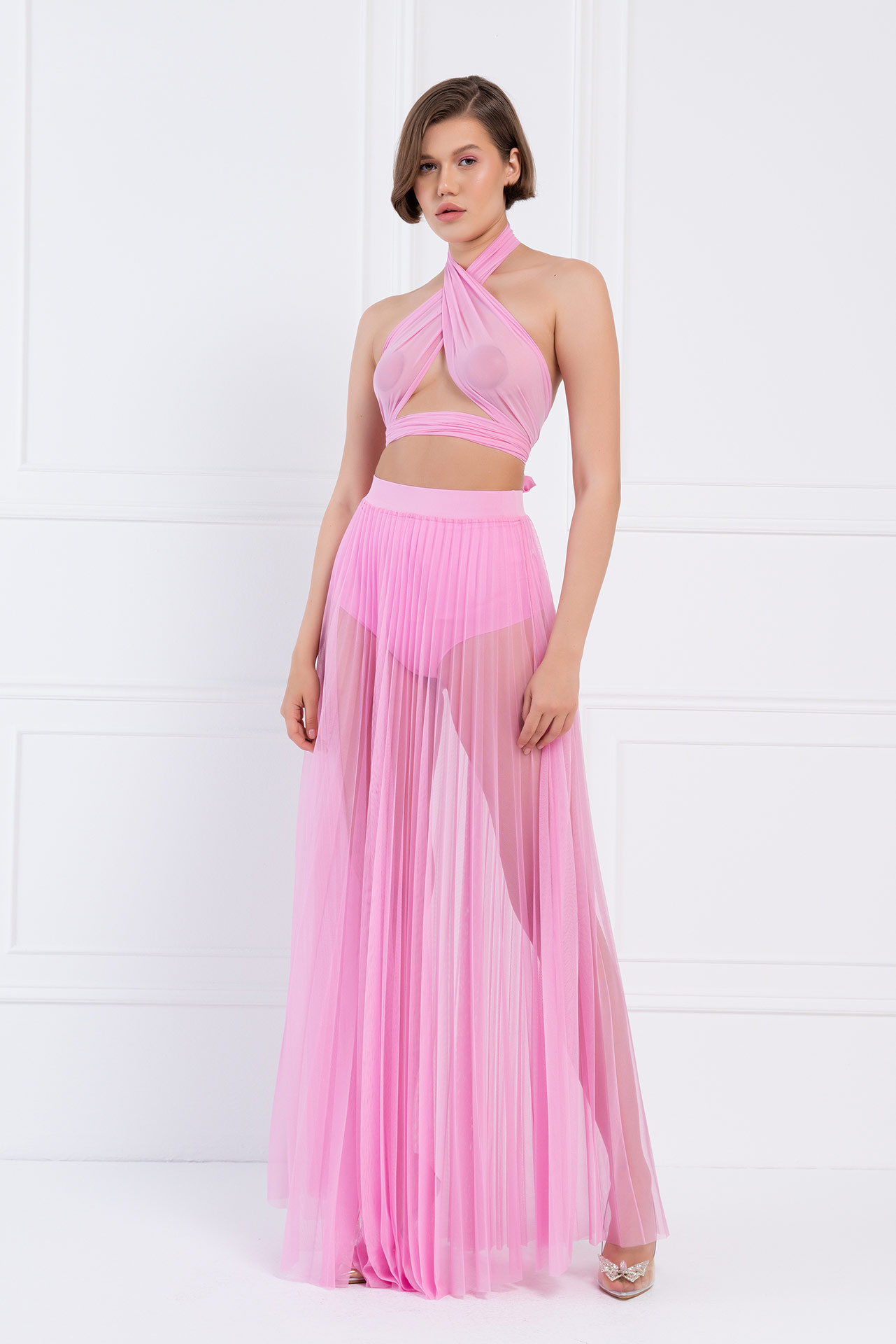 Sheer Pleated Maxi Skirt in  New Pink