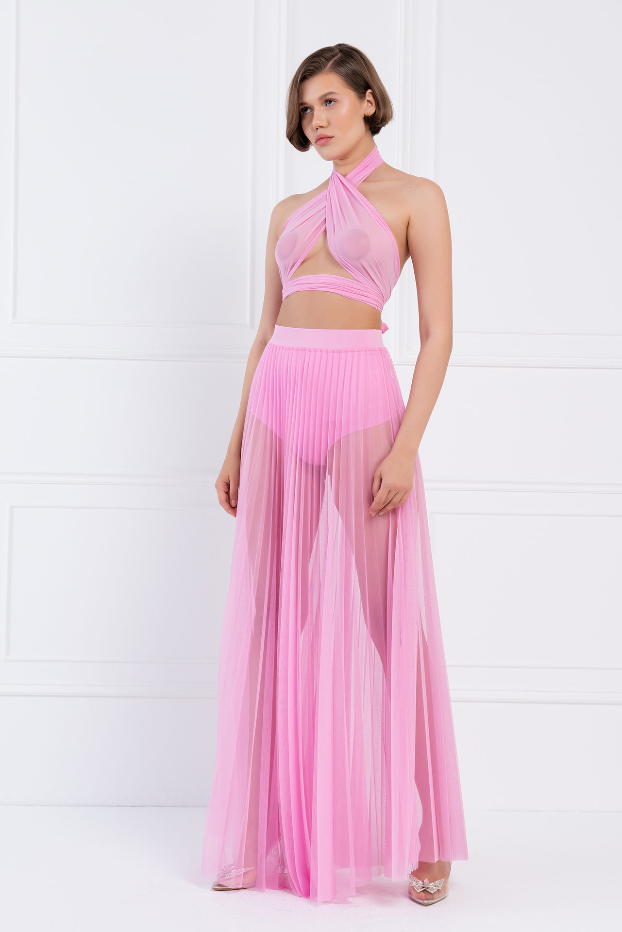 Sheer Pleated Maxi Skirt in  New Pink