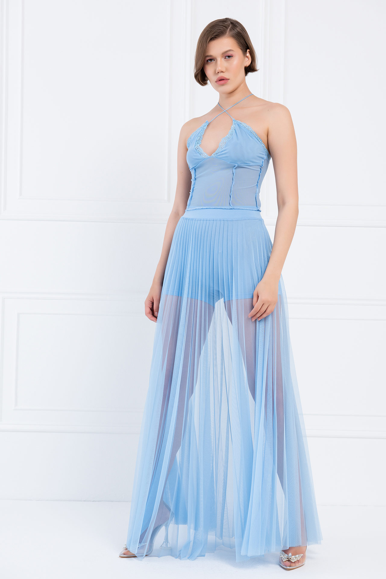 Wholesale Sheer Pleated Maxi Skirt in  Ice Blue