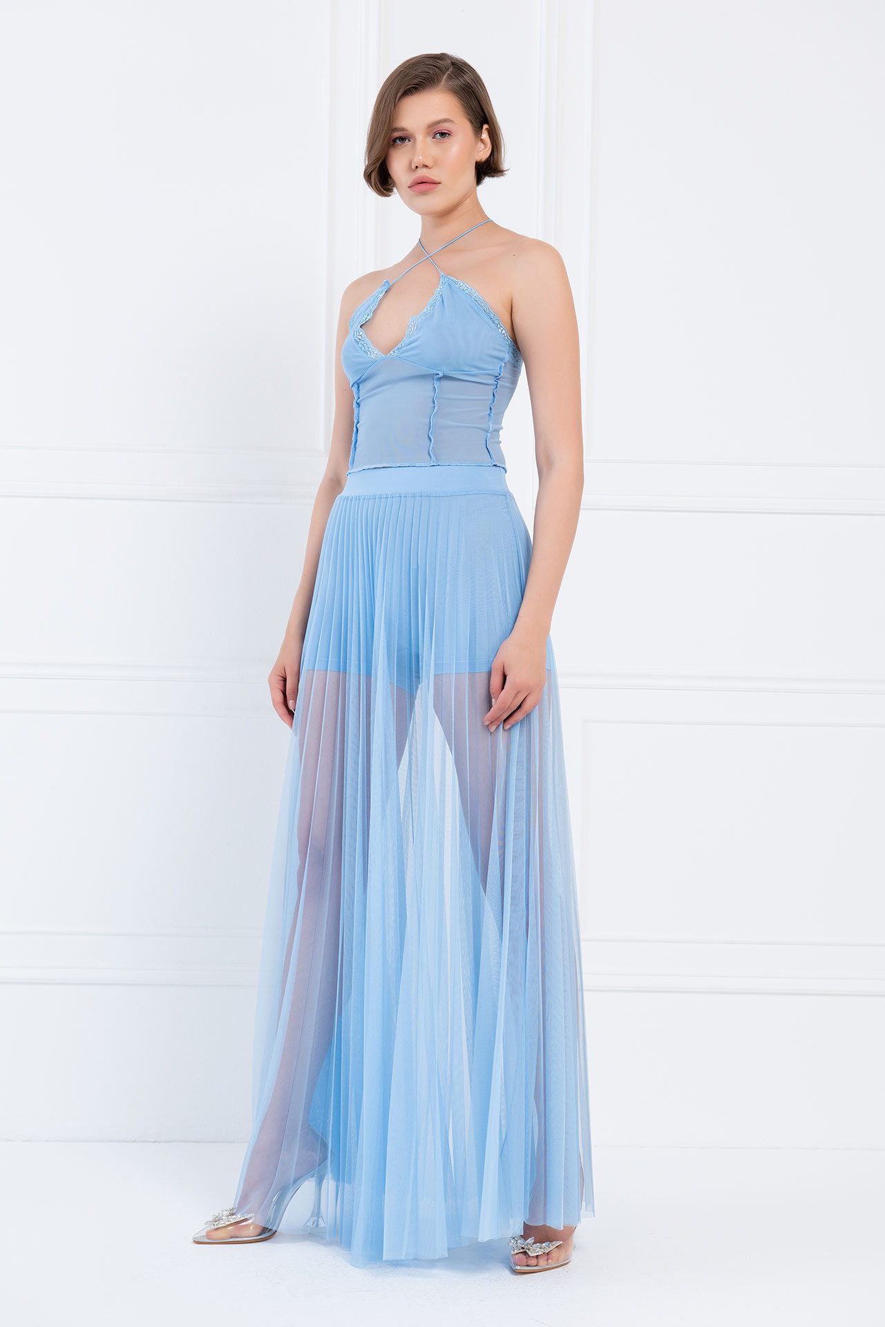 Sheer Pleated Maxi Skirt in  Ice Blue