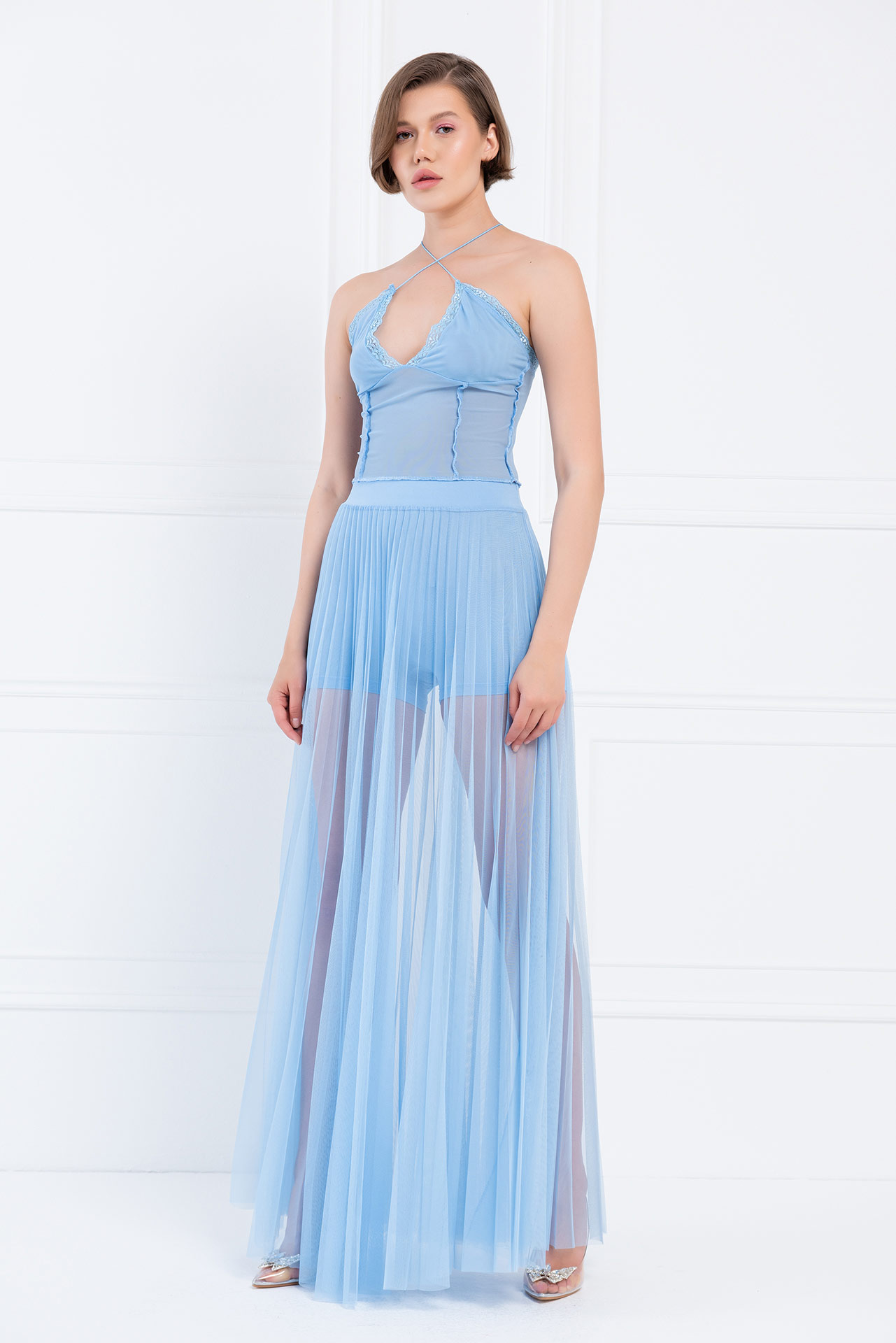 Sheer Pleated Maxi Skirt in  Ice Blue