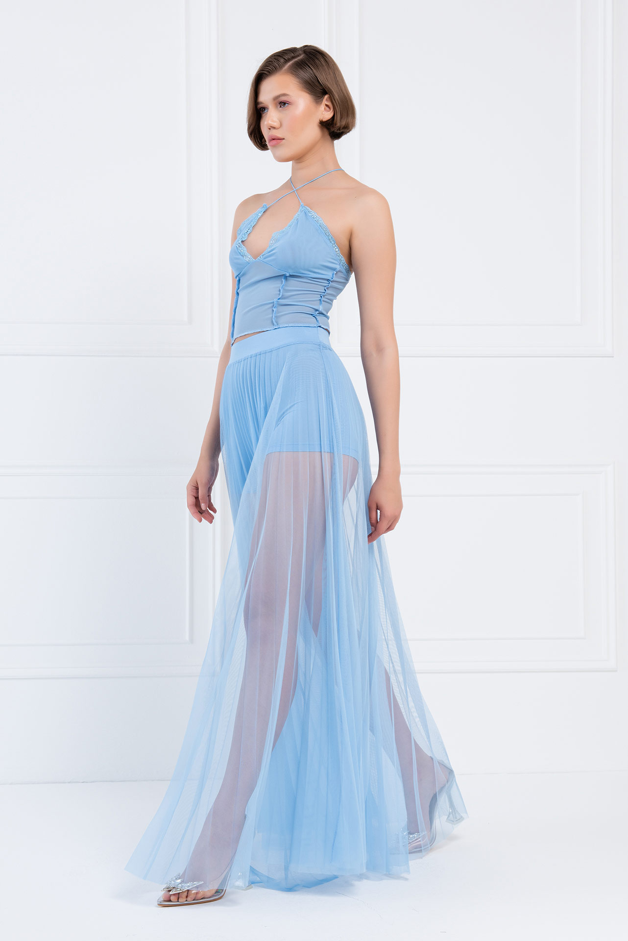 Wholesale Sheer Pleated Maxi Skirt in  Ice Blue