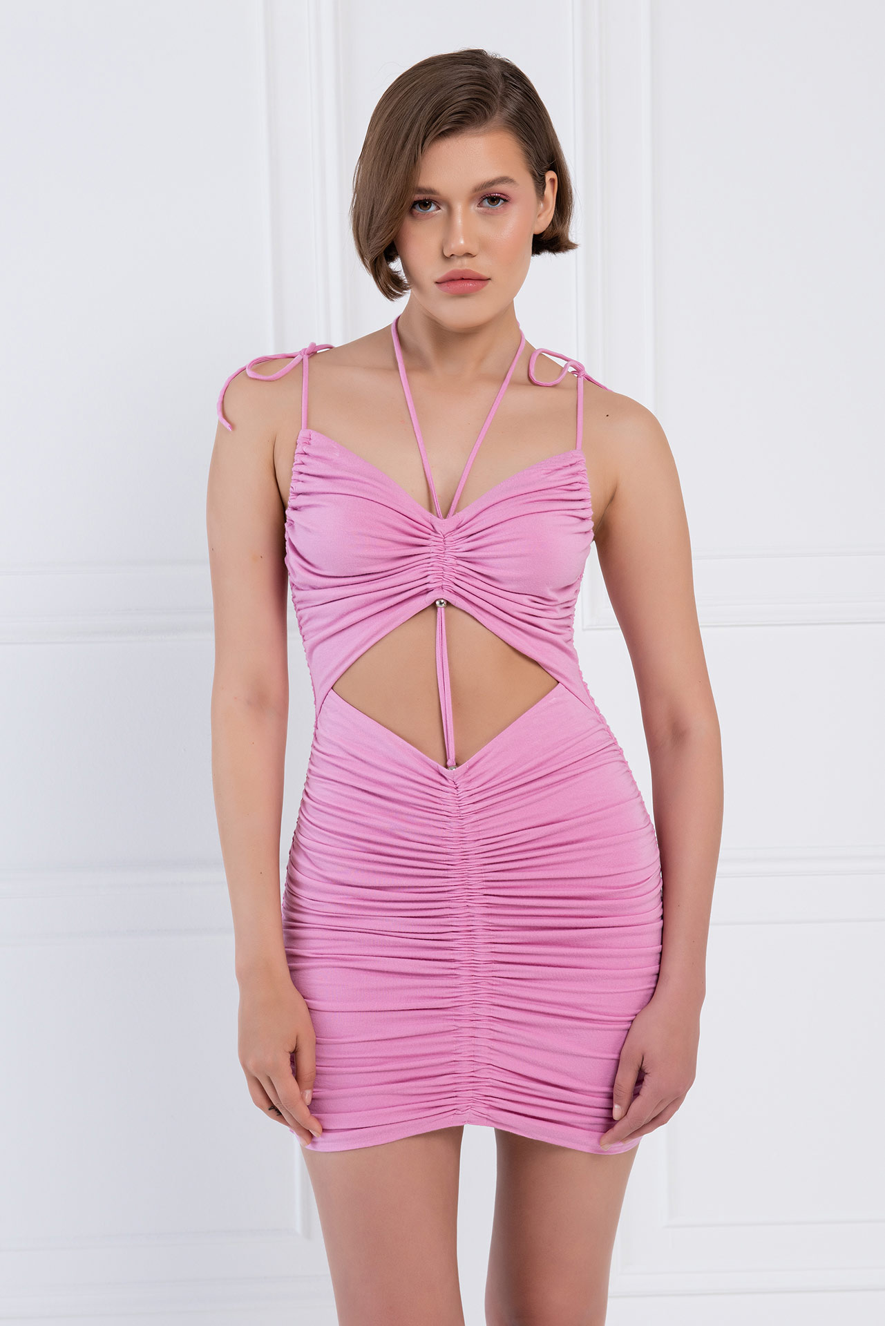 New Pink Ruched Cami Mini Dress