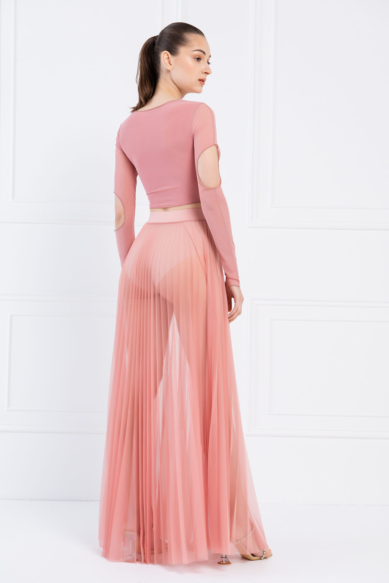 Sheer Pleated Maxi Skirt in  Salmon