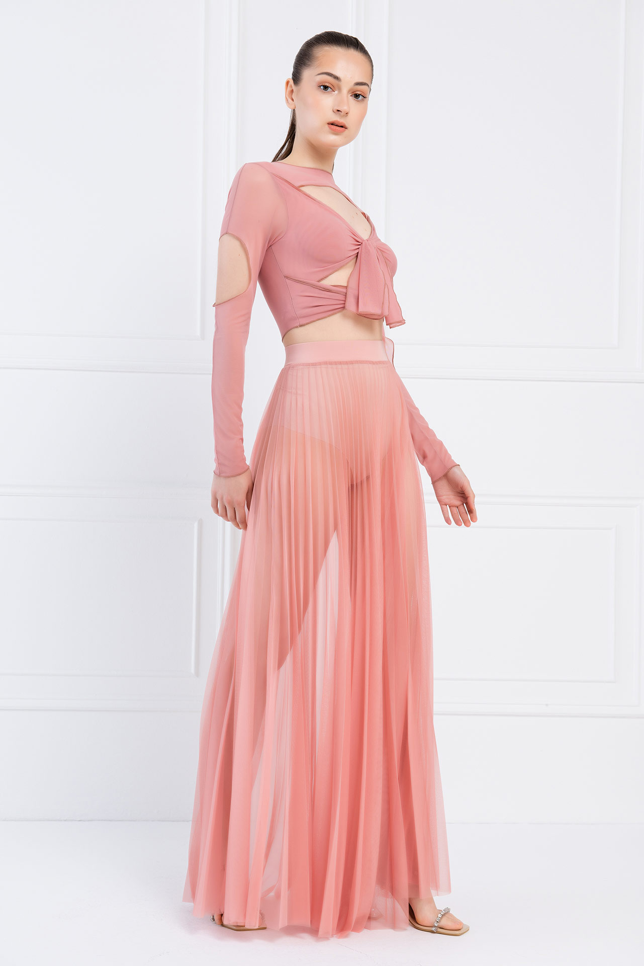 Wholesale Sheer Pleated Maxi Skirt in  Salmon