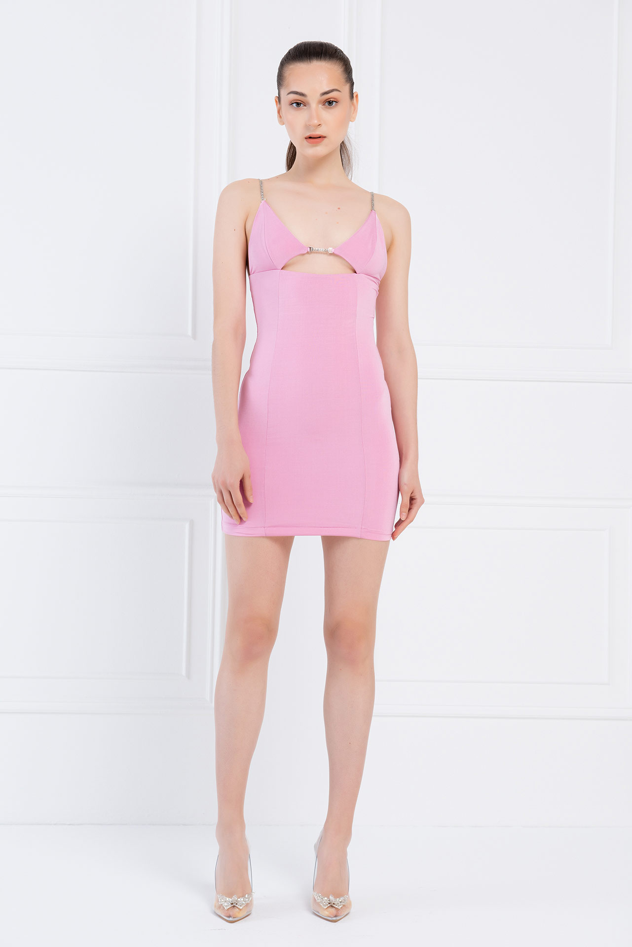 New Pink Embellished-Strap Mini Dress