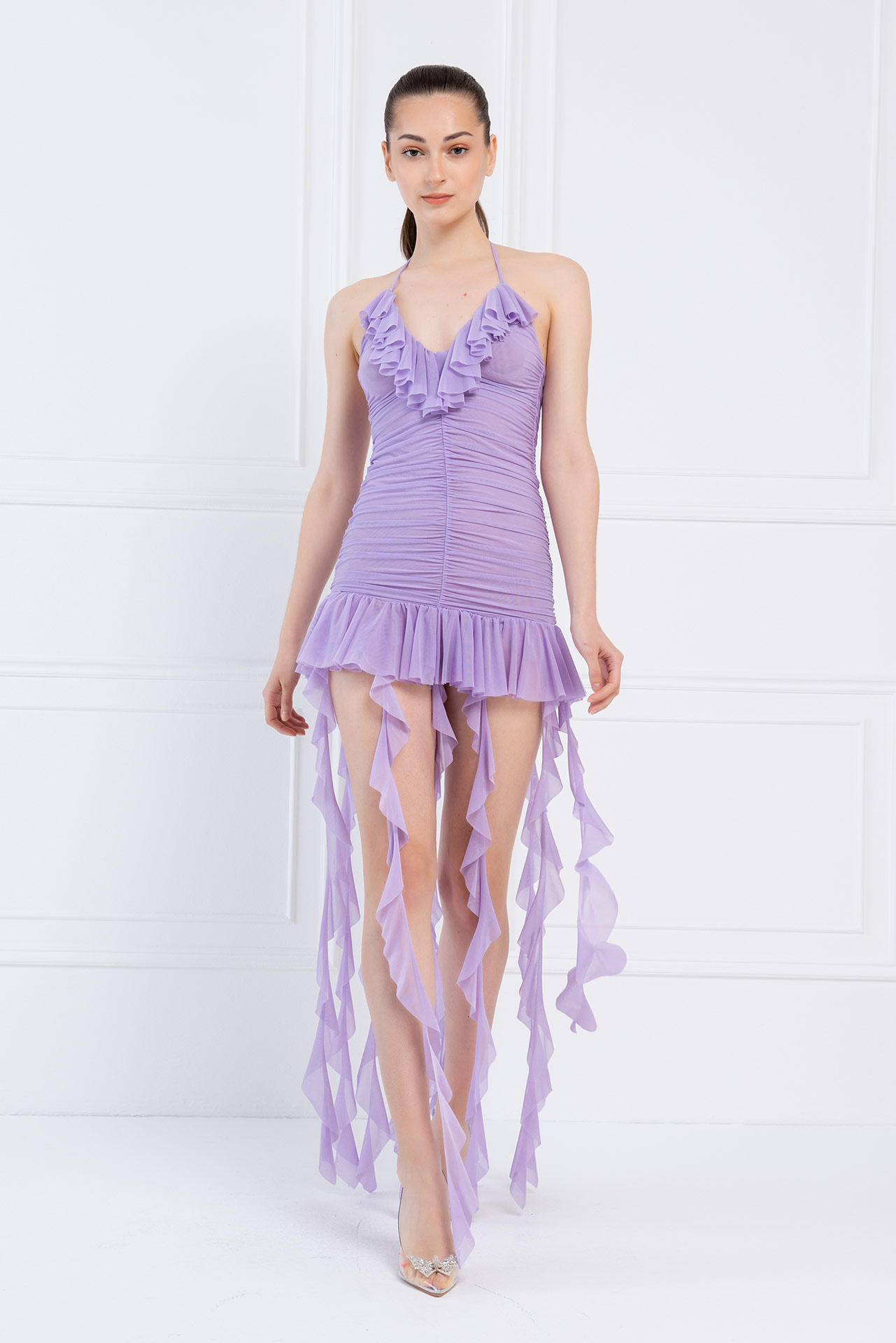 New Lilac Ruffle-Trim Halter Mini Dress