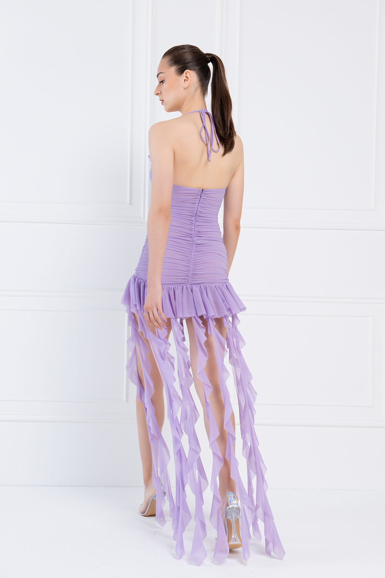 Wholesale New Lilac Ruffle-Trim Halter Mini Dress