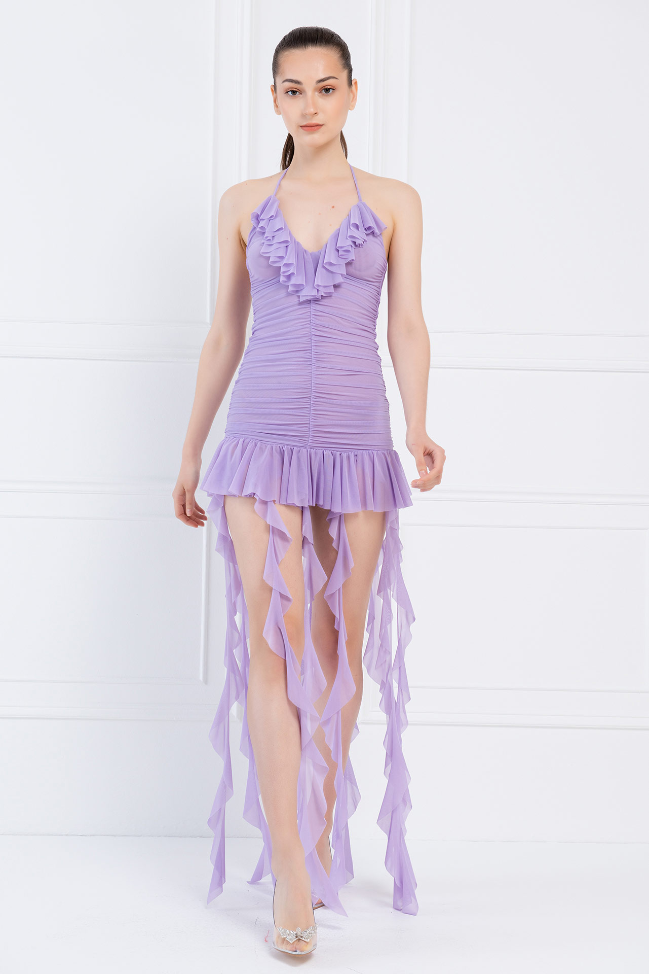 Wholesale New Lilac Ruffle-Trim Halter Mini Dress